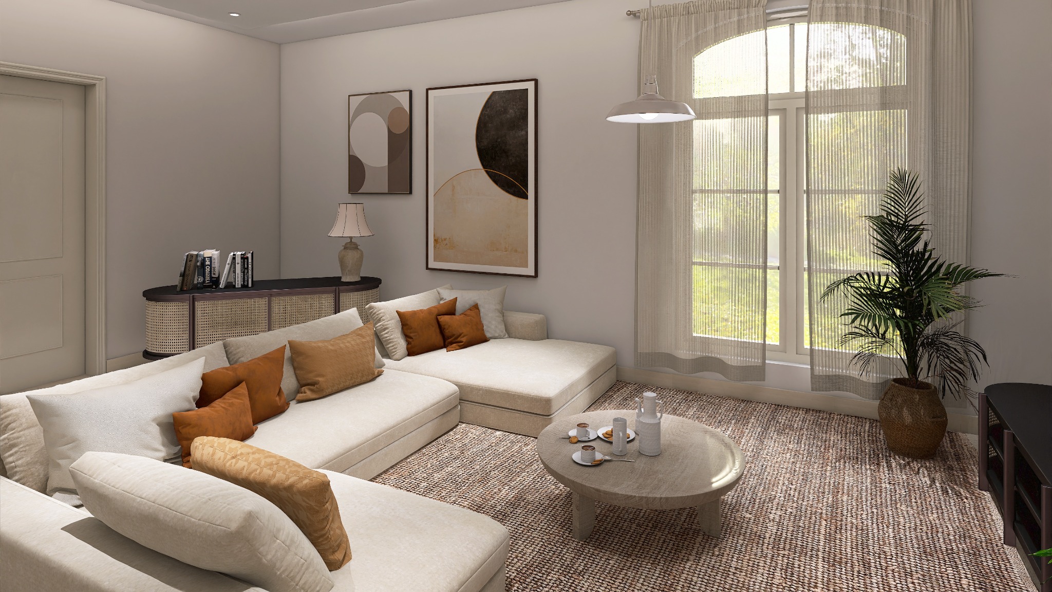 Jasny salon z beżową sofą narożną, okrągłym stolikiem kawowym i dywanem z naturalnej juty. Na ścianie abstrakcyjne obrazy w stonowanych kolorach.