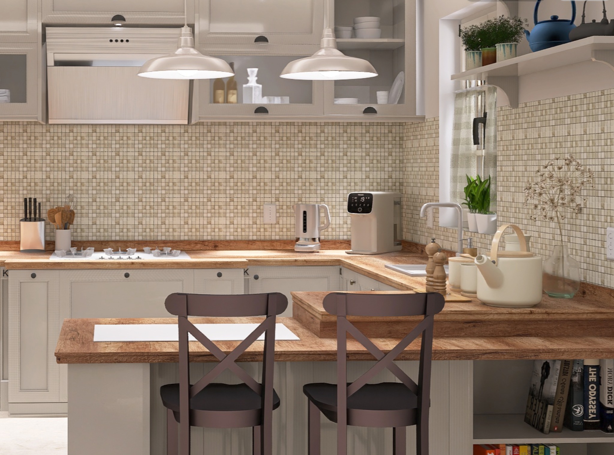 Jasna kuchnia z drewnianym blatem i mozaiką. Nad blatem wiszą lampy w stylu retro. Dwa krzesła z ciemnego drewna przy blacie. Na półce pod blatem widać książki.