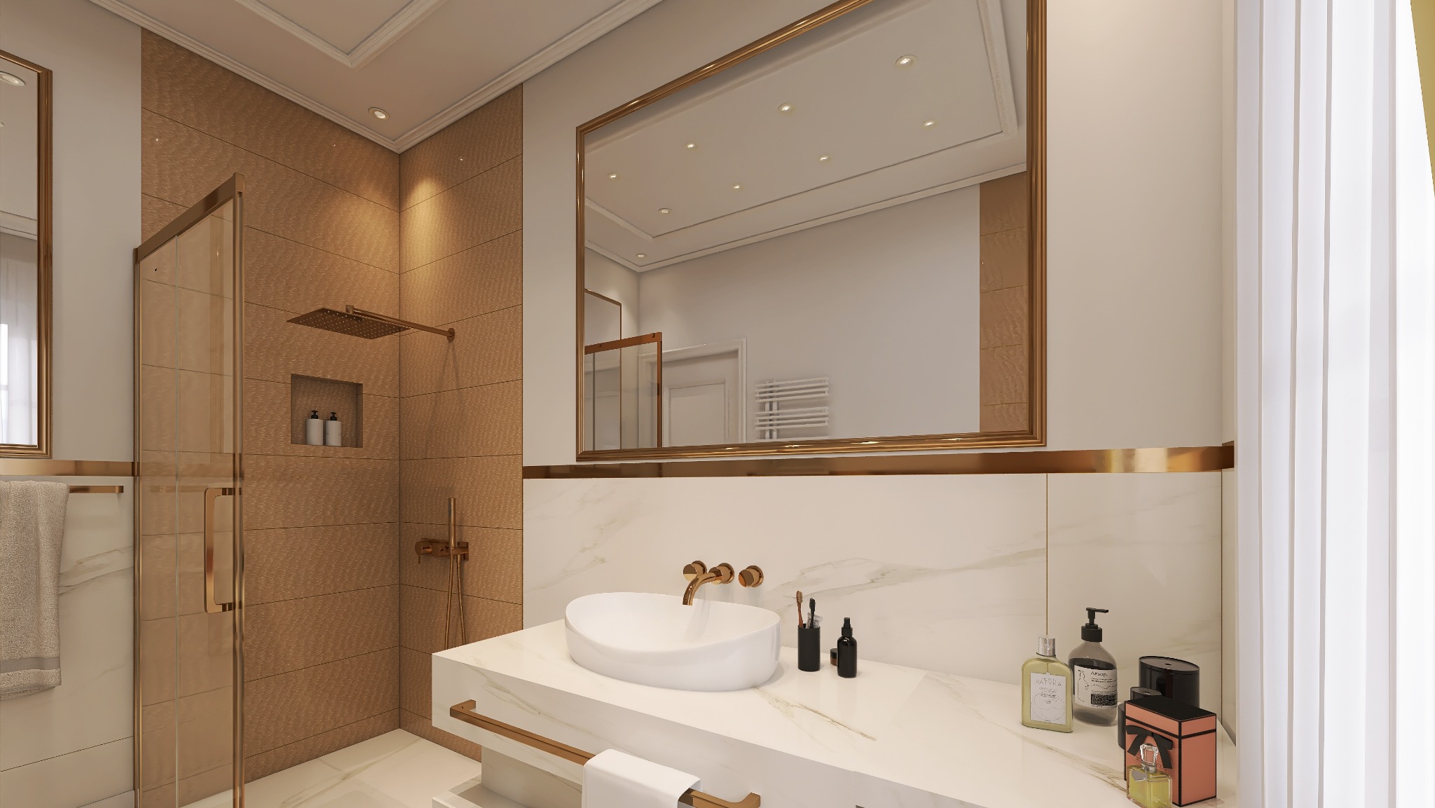 Elegancka łazienka z kabiną prysznicową w odcieniach beżu i złota. Umywalka nablatowa z armaturą w kolorze złota. Lustro w złotej ramie.