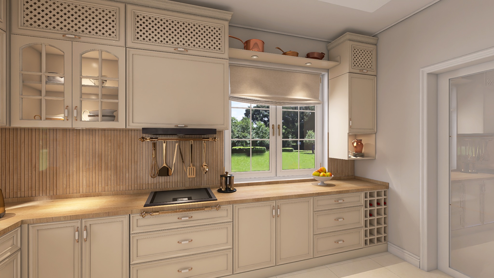Jasna kuchnia w stylu klasycznym z drewnianymi akcentami, wyposażona w okno z widokiem na zieleń. Na blacie owoce w misce, a nad płytą kuchenną zawieszone przybory.