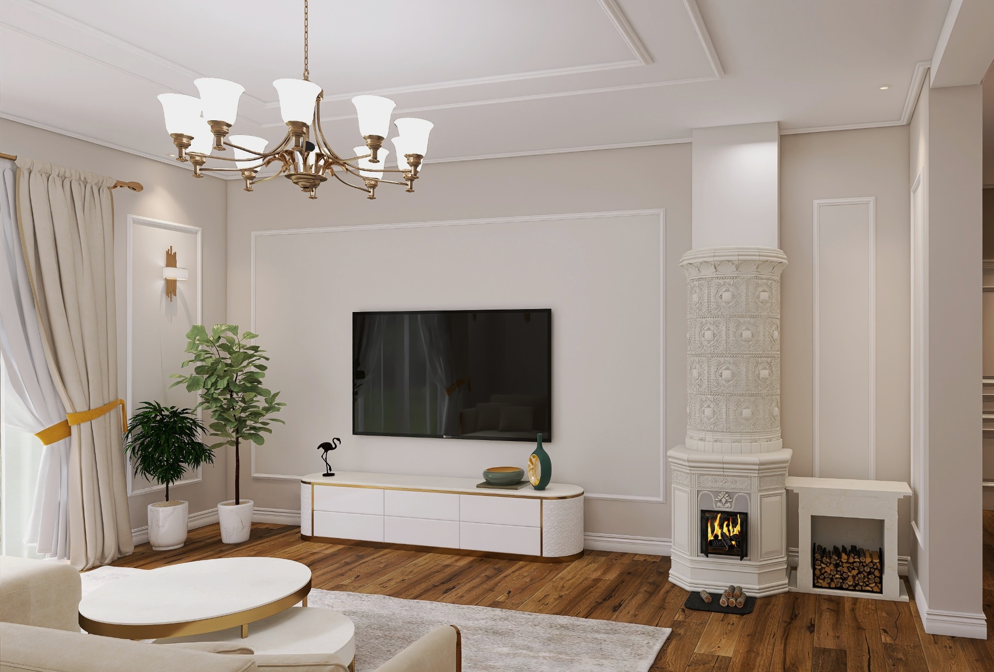 Elegancki salon z kominkiem kaflowym, telewizorem na szafce RTV i roślinami doniczkowymi. Klasyczny żyrandol i drewniana podłoga dodają wnętrzu ciepła.