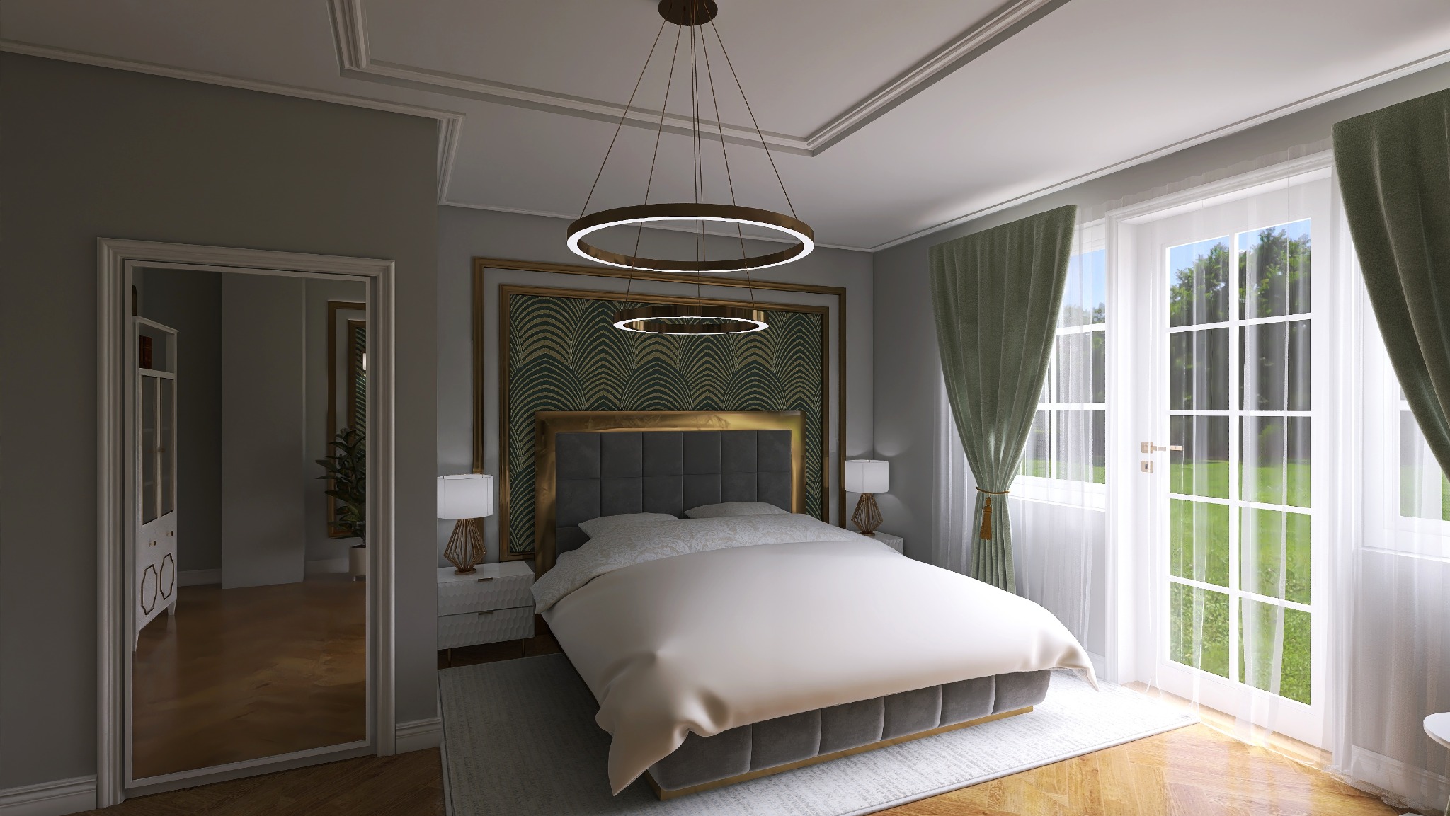 Elegancka sypialnia z łóżkiem kontynentalnym, tapicerowanym wezgłowiem i okrągłą lampą. W tle wzorzysta tapeta i drzwi balkonowe z widokiem na zieleń.