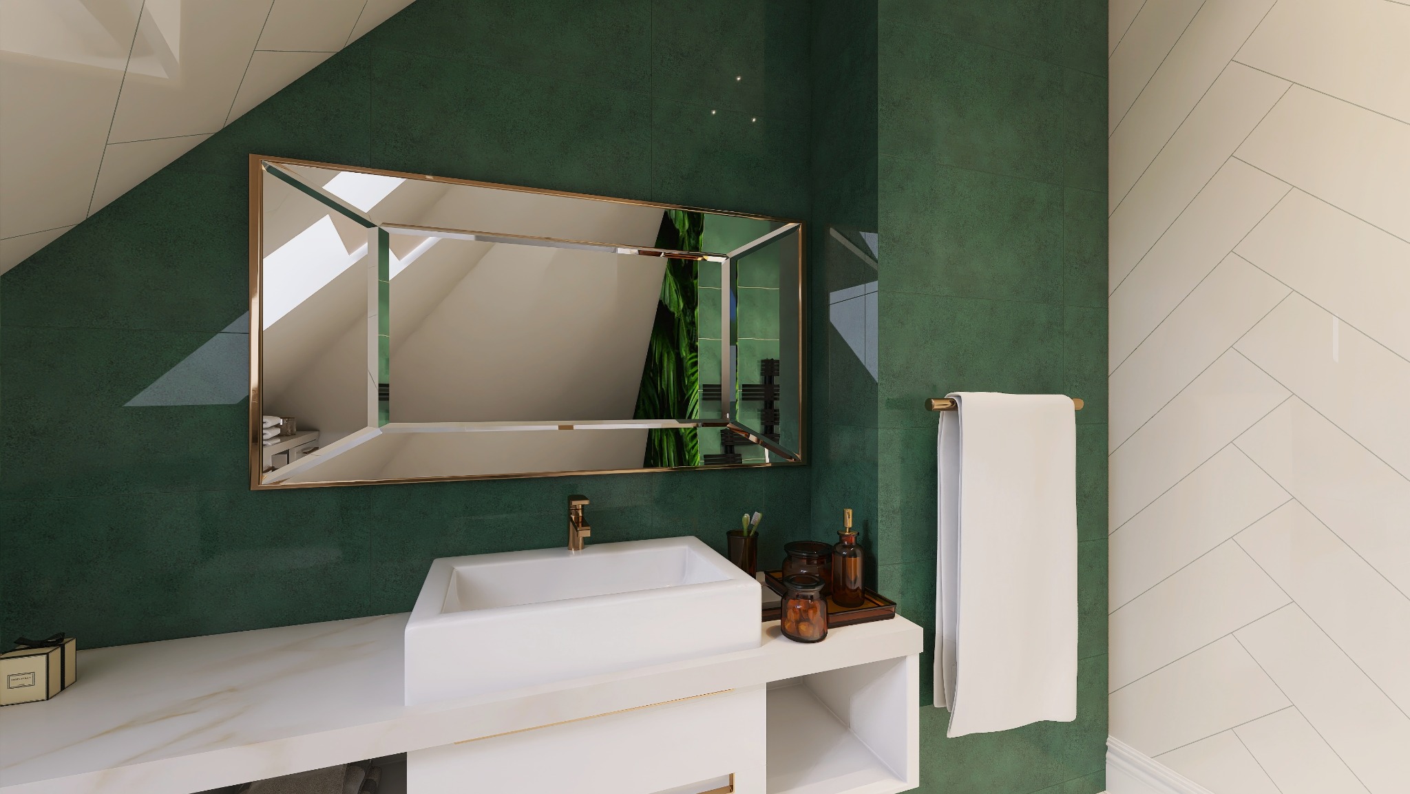Nowoczesna łazienka w odcieniach zieleni i bieli, z lustrem w złotej ramie, białą umywalką i ręcznikiem. Widok na skośny sufit i dekoracyjne akcesoria.