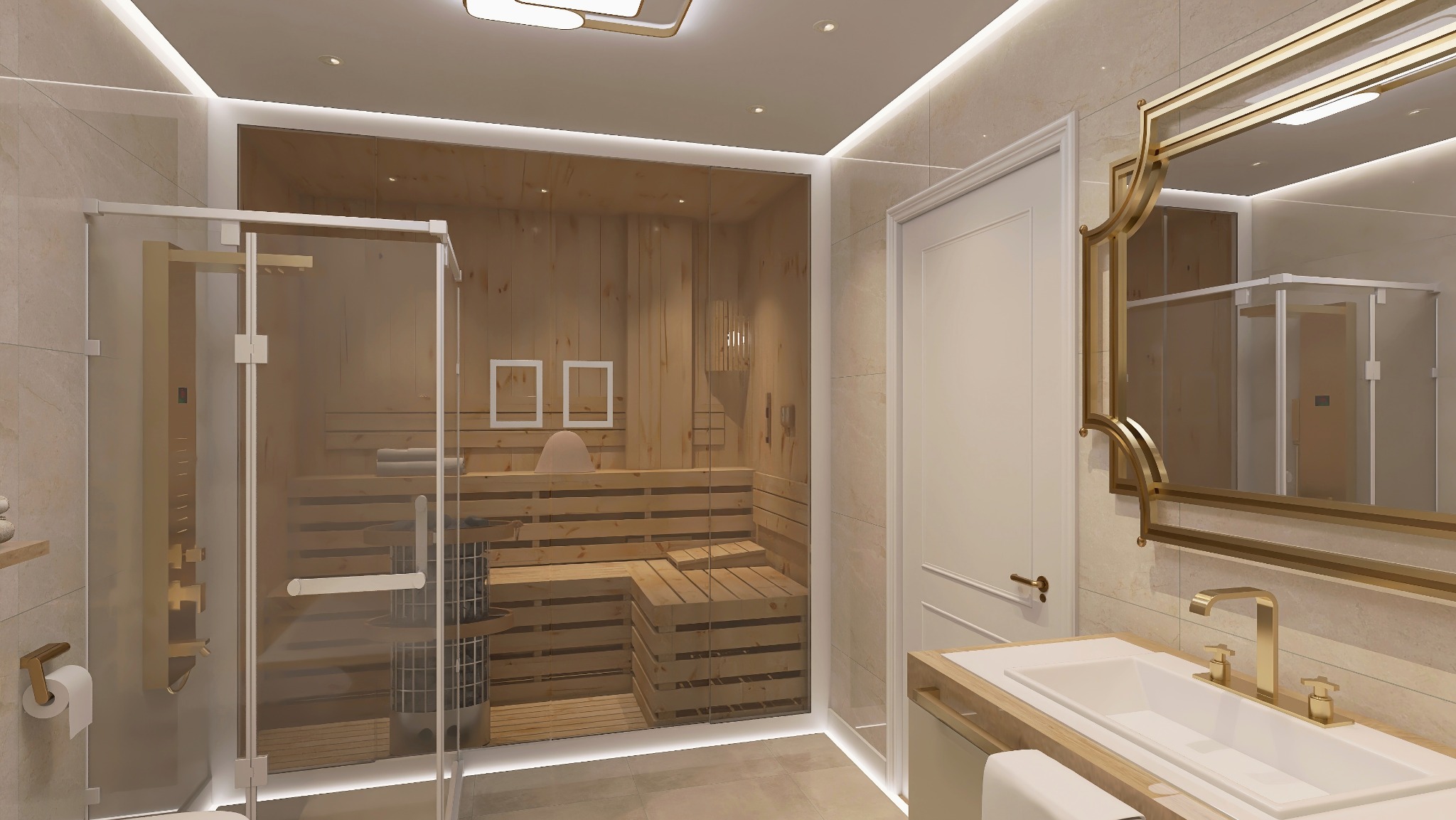 Nowoczesna łazienka z sauną za szklaną ścianą, jasne płytki, złote akcenty w armaturze i lustrze. Minimalistyczny design z dbałością o detale.