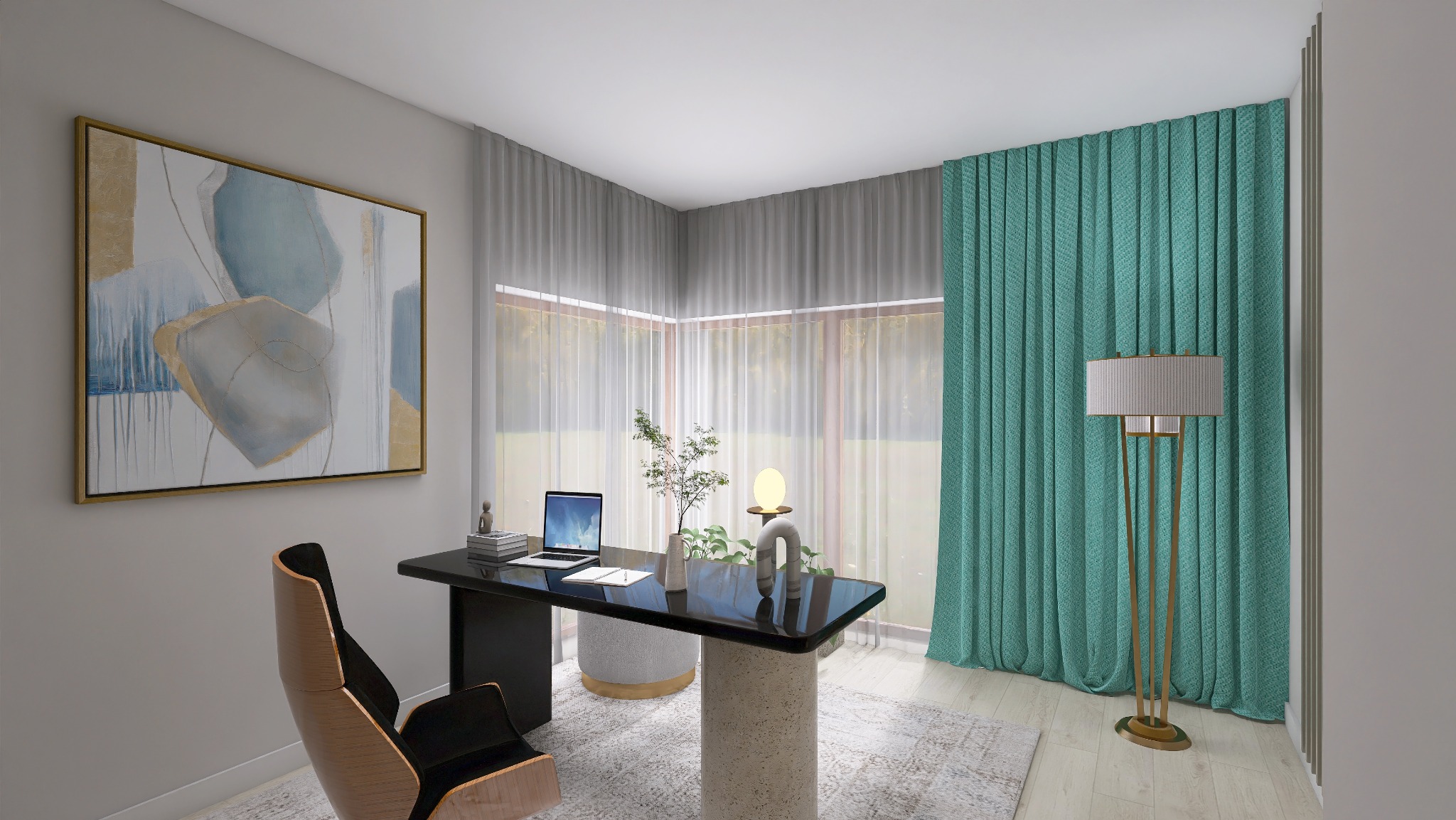 Nowoczesne biuro domowe z czarnym biurkiem, beżowym krzesłem i turkusowymi zasłonami. Obraz abstrakcyjny i lampa podłogowa dodają elegancji.