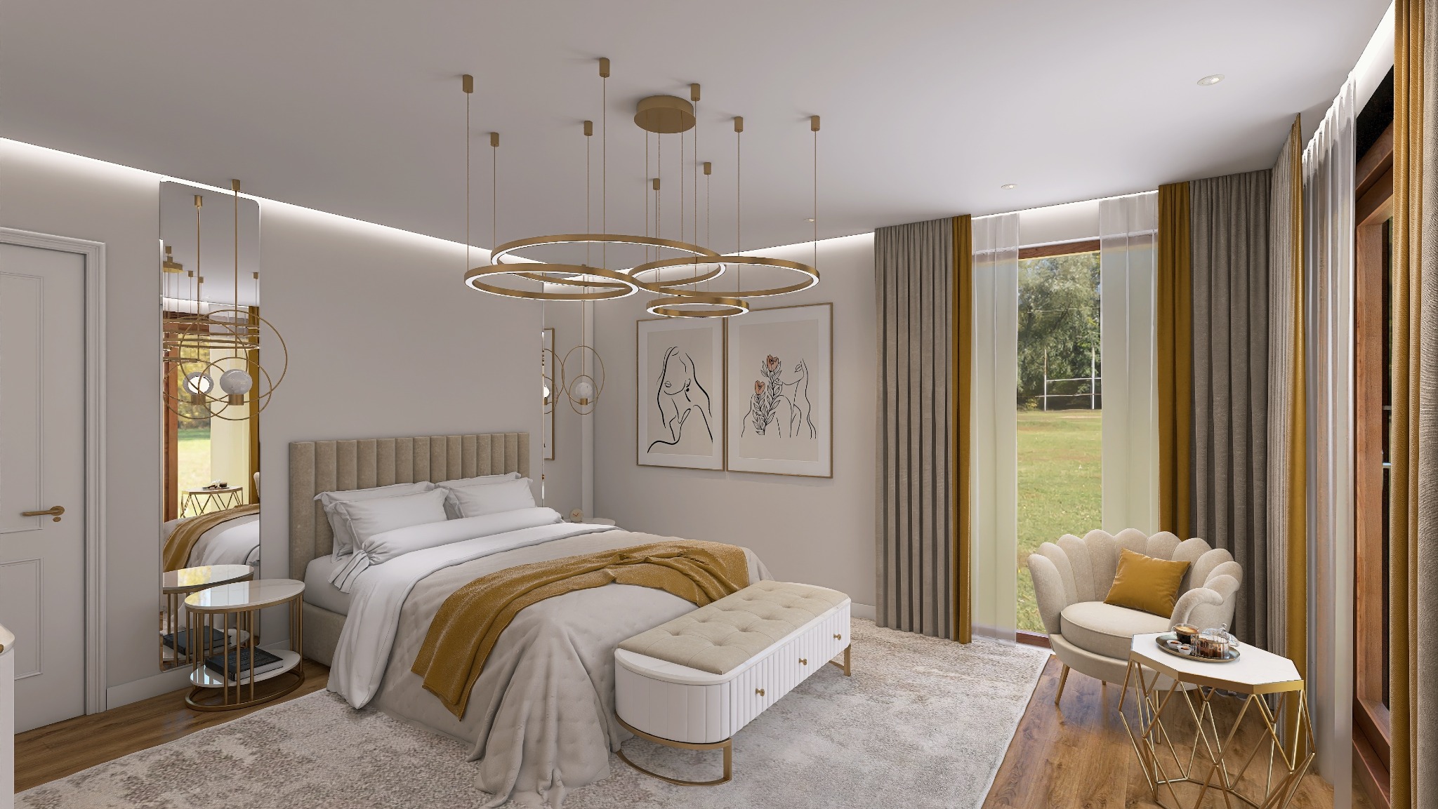 Elegancka sypialnia w beżach: łóżko z narzutą, okrągłe lampy, minimalistyczne grafiki, lustro w złotej ramie i fotel z widokiem na zieleń. Subtelne oświetlenie.