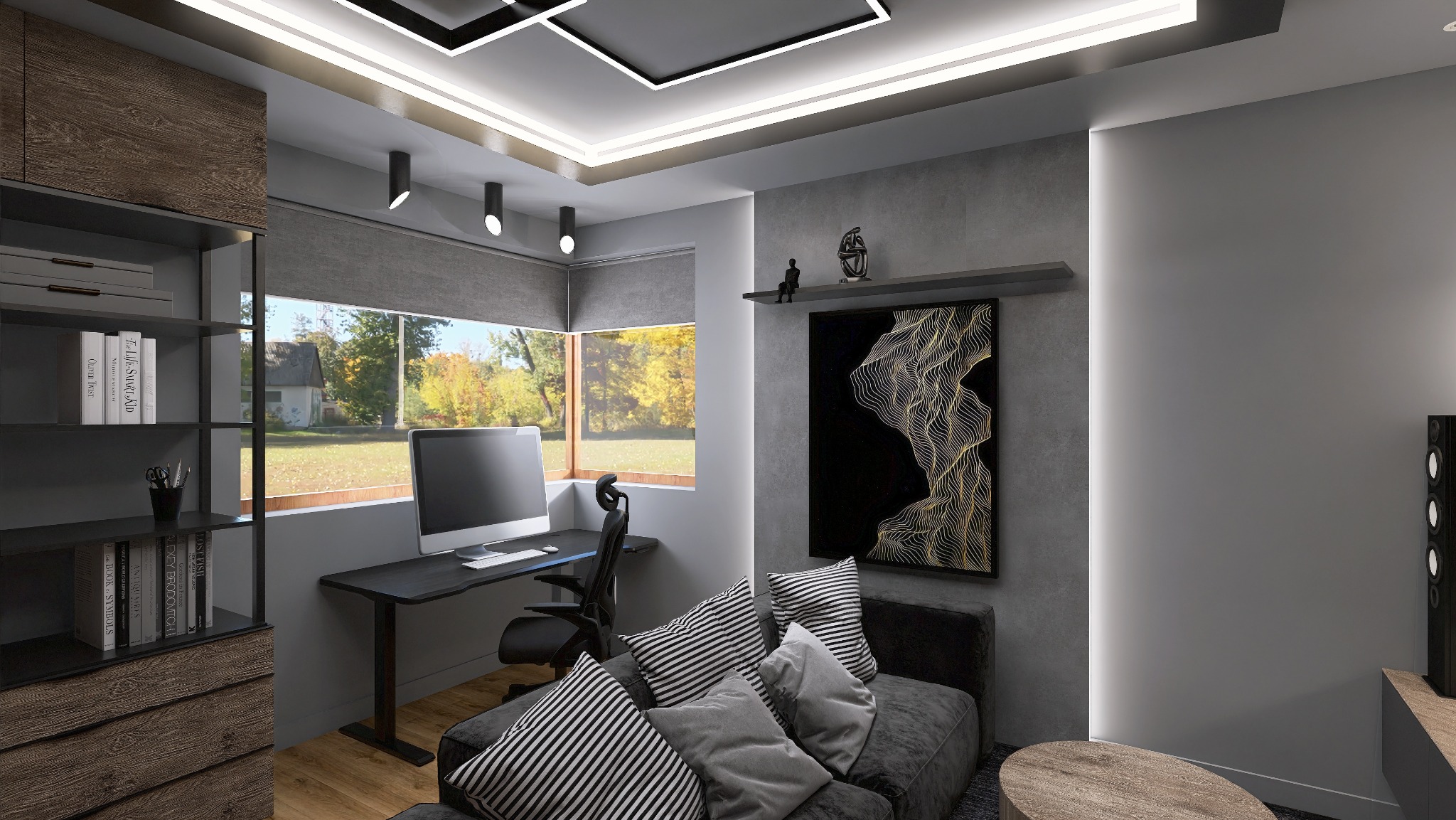 Nowoczesny pokój z biurkiem, komputerem, sofą z poduszkami i regałem z książkami. Widok na jesienny krajobraz za oknem. Oświetlenie sufitowe LED.