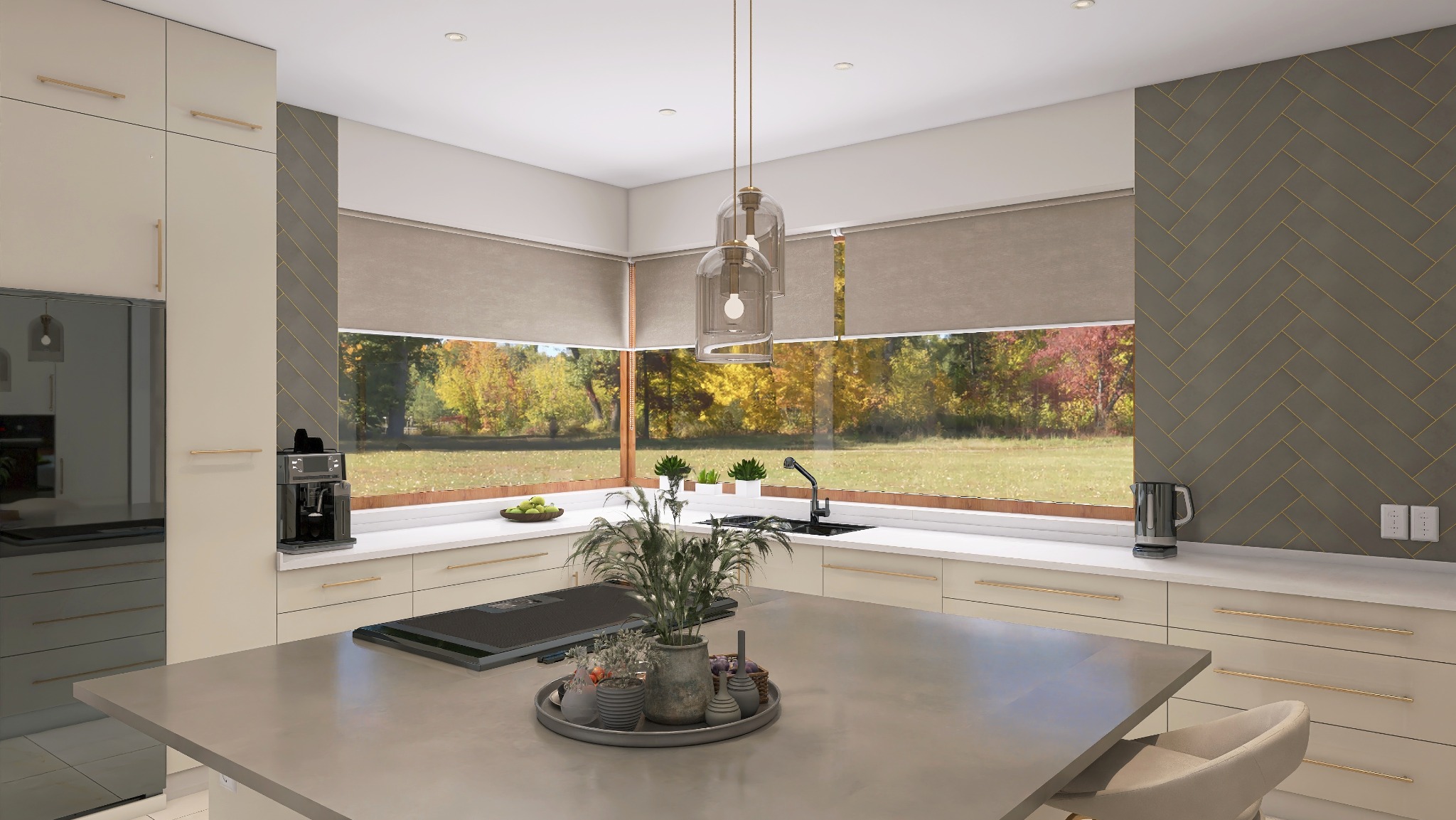 Jasna kuchnia z oknem na jesienny ogród, szara ściana w jodełkę, lampy wiszące. Nowoczesne wykończenie z dbałością o detale, widok na zewnątrz.