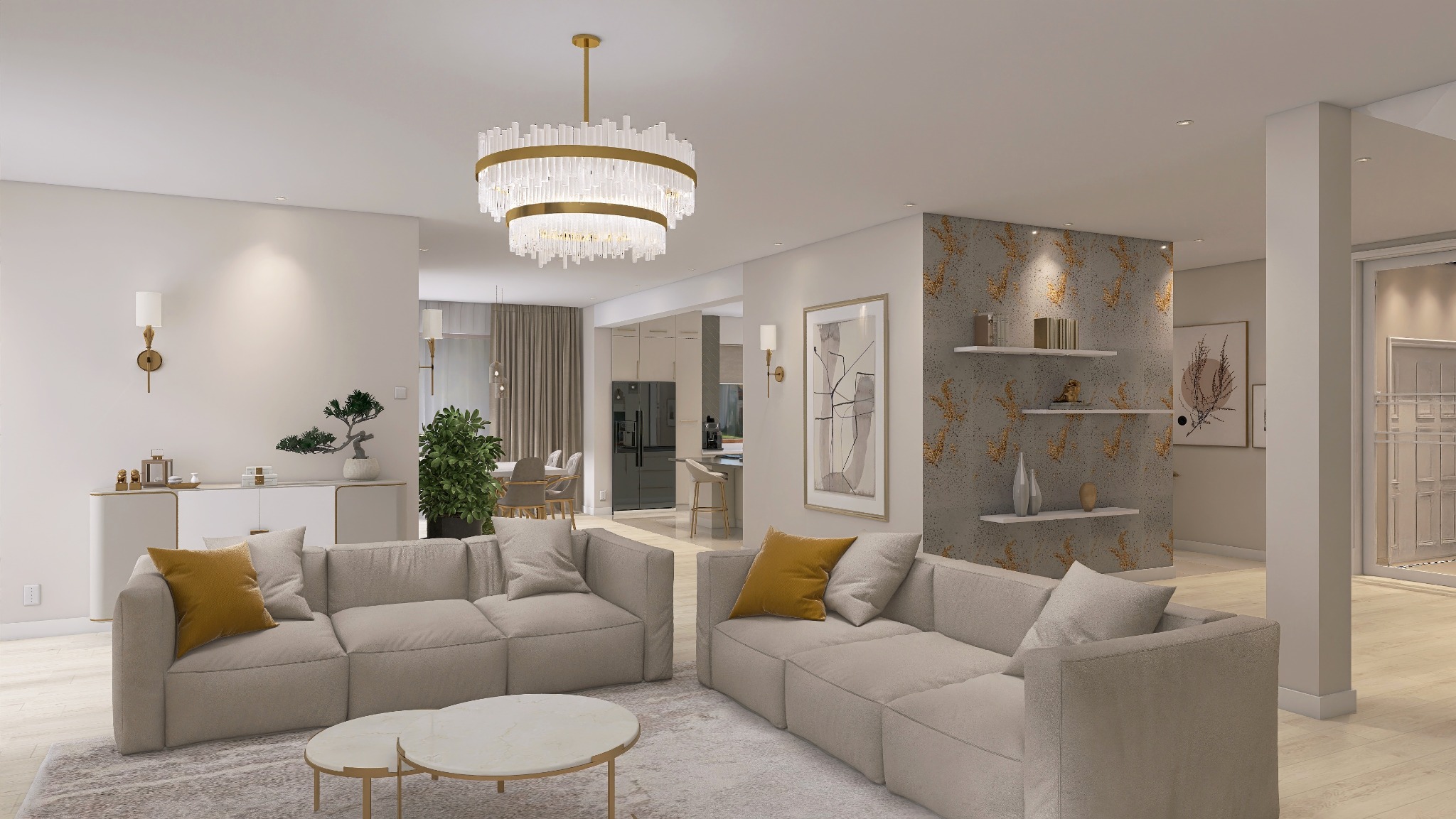 Jasne, przestronne wnętrze salonu z sofami modułowymi, marmurowym stolikiem kawowym i dekoracyjnym oświetleniem. Widok na jadalnię i kuchnię w tle.