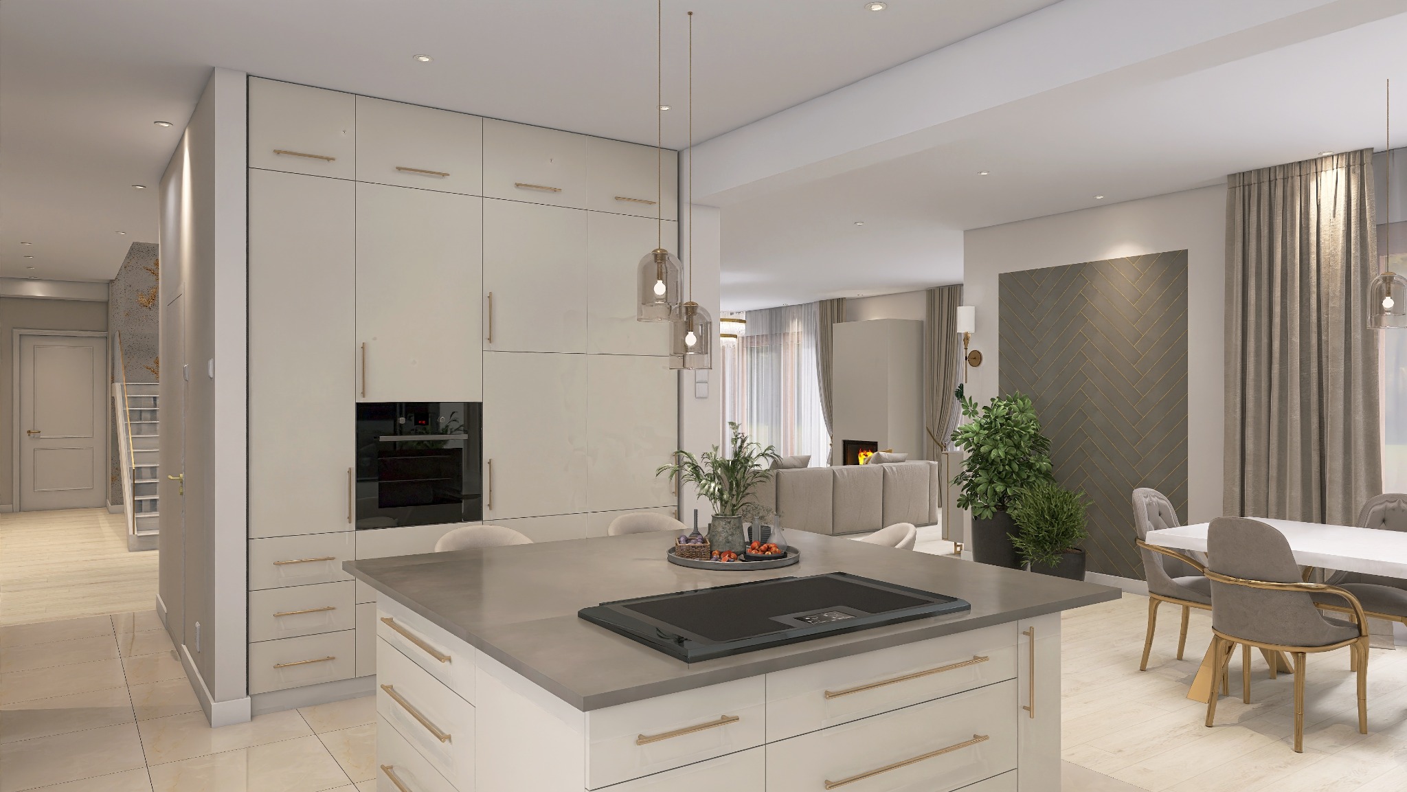 Elegancka aranżacja wnętrza: kremowa kuchnia z wyspą, salon z kominkiem w tle. Całość utrzymana w jasnej, stonowanej kolorystyce z akcentami złota.