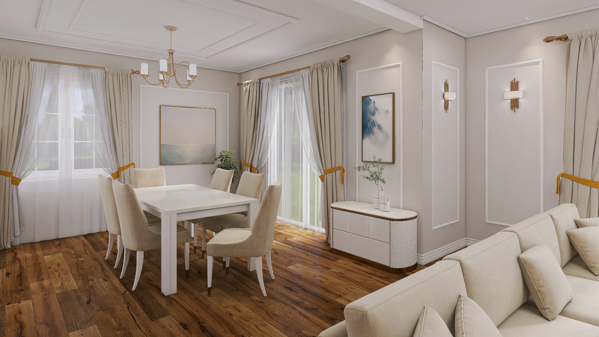 Elegancka jadalnia w beżach: biały stół, welurowe krzesła, drewniana podłoga, dekoracyjne zasłony i złote akcenty. Subtelne oświetlenie i minimalistyczna sztuka.