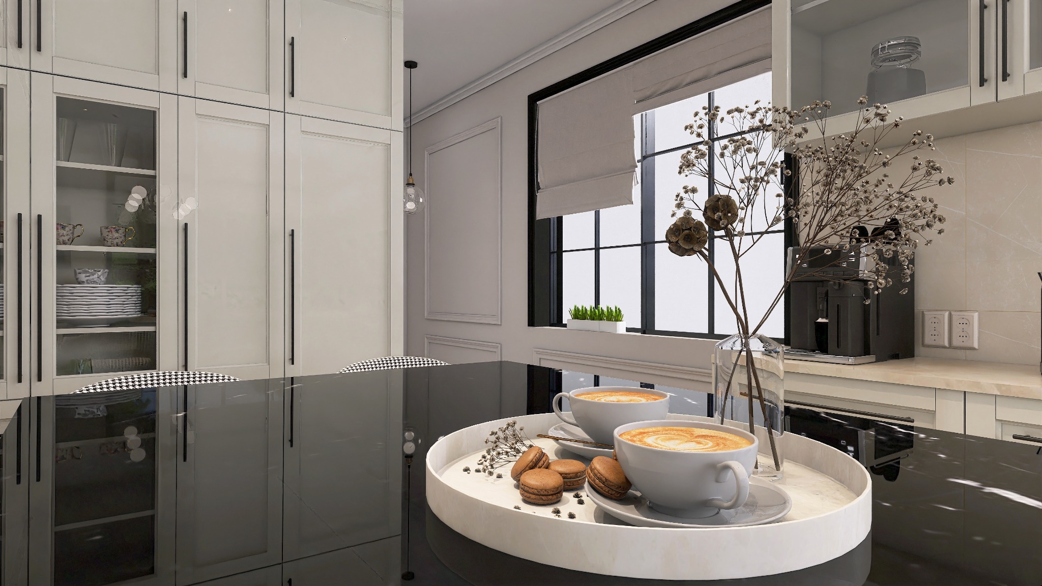 Stylowa kuchnia z czarnym blatem, na którym leżą filiżanki z kawą i makaroniki. W tle białe szafki, okno z roletami rzymskimi i ekspres do kawy.