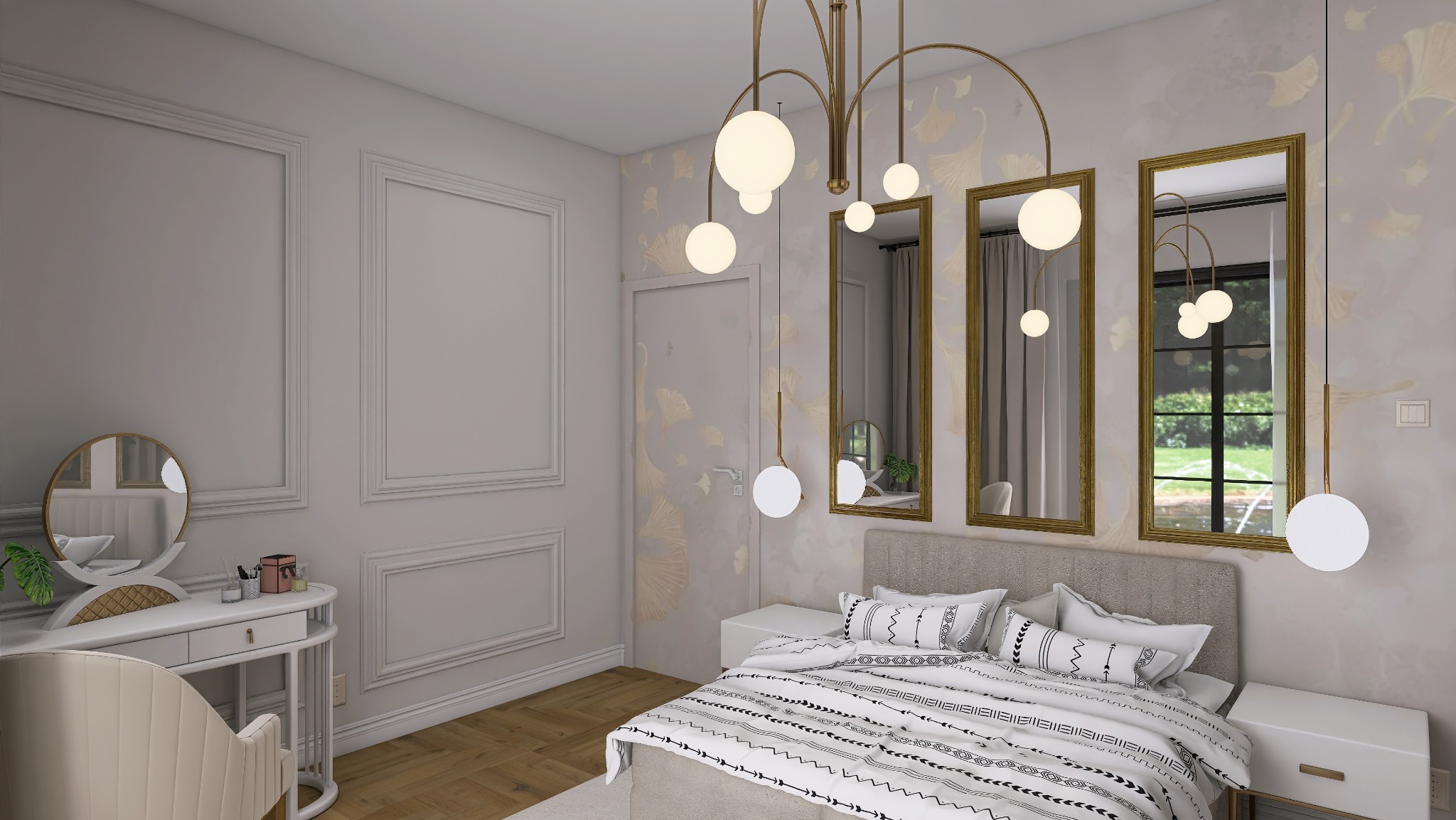 Elegancka sypialnia w odcieniach bieli i złota. Toaletka z okrągłym lustrem, łóżko z wzorzystą pościelą i trzy lustra w złotych ramach. Dekoracyjne oświetlenie i tapeta z motywem liści.
