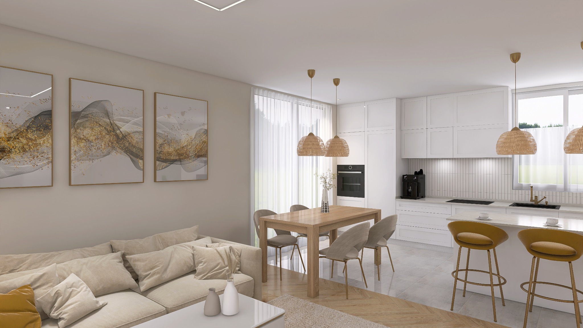 Jasne, przestronne wnętrze: salon z sofą, jadalnia z drewnianym stołem i krzesłami oraz otwarta kuchnia z białymi szafkami i złotymi hokerami.