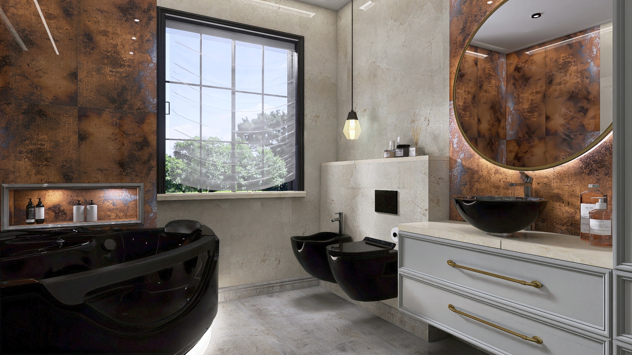 Elegancka łazienka z wanną, bidetem i umywalką w kolorze czarnym. Miedziane płytki na ścianie i okrągłe lustro z podświetleniem dodają luksusowego charakteru.