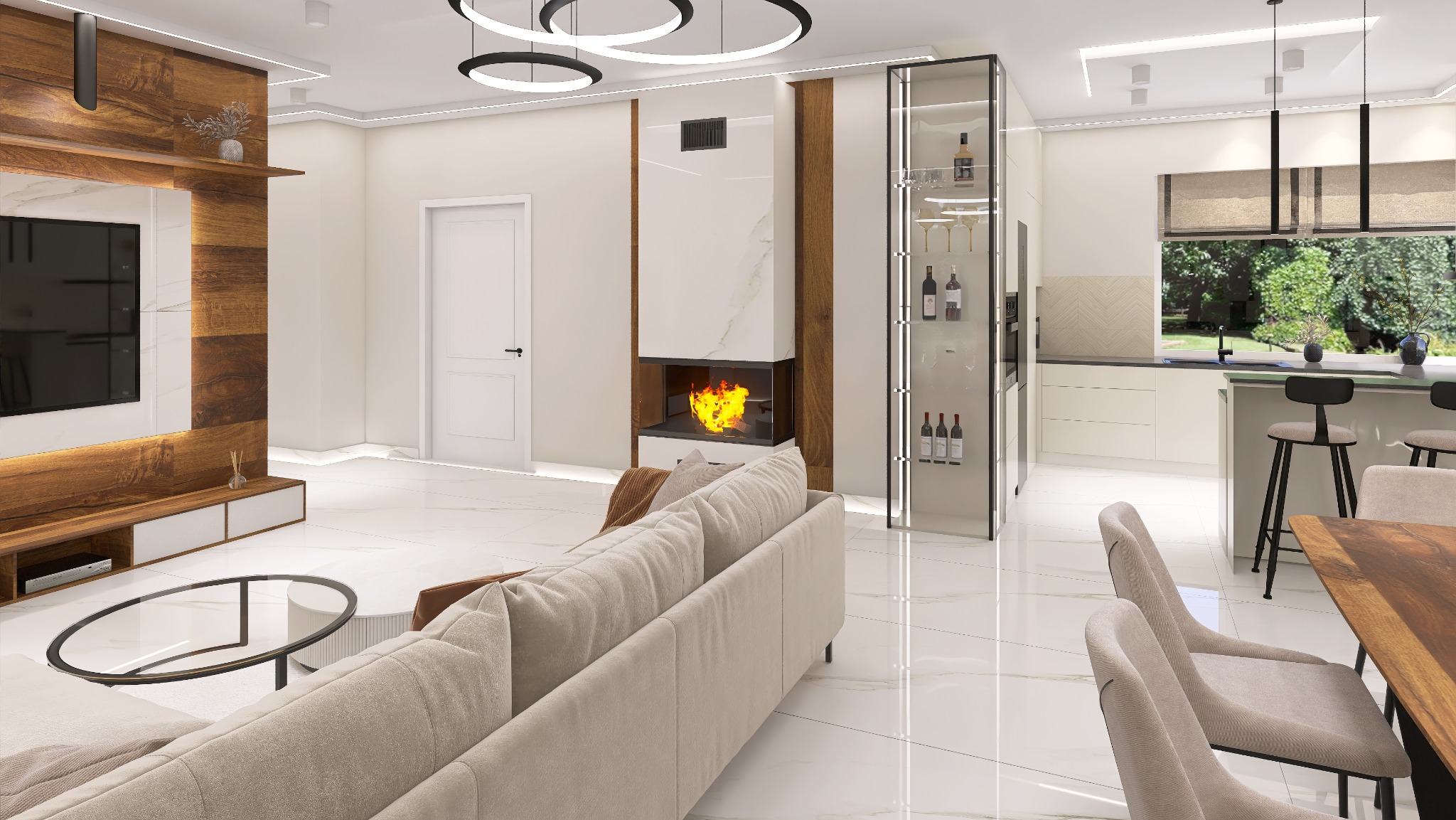 Elegancki salon z kominkiem i otwartą kuchnią. Jasne wnętrze z drewnianymi akcentami, nowoczesnym oświetleniem i marmurową podłogą. Minimalistyczny design.