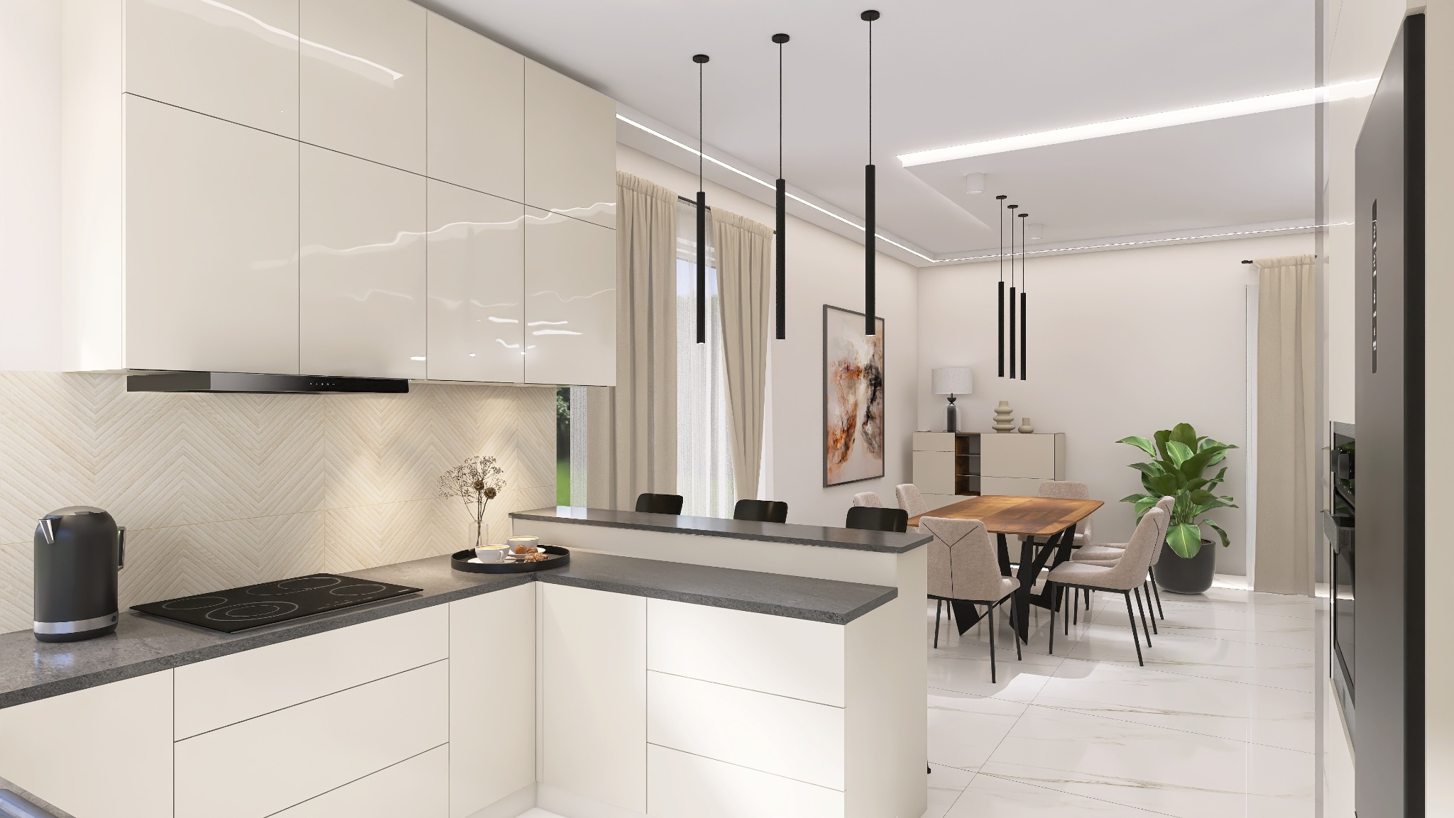 Nowoczesna kuchnia z wyspą i jadalnią w Sokołowie Małopolskim. Kremowe fronty, czarne akcenty oświetleniowe i blat. Minimalistyczny design, jasne wnętrze.