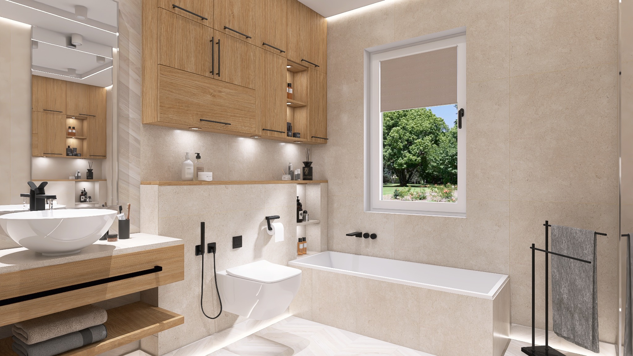 Jasna łazienka z drewnianymi szafkami, umywalką na blacie i wanną przy oknie z widokiem na zieleń. Minimalistyczne czarne akcenty i oświetlenie LED.