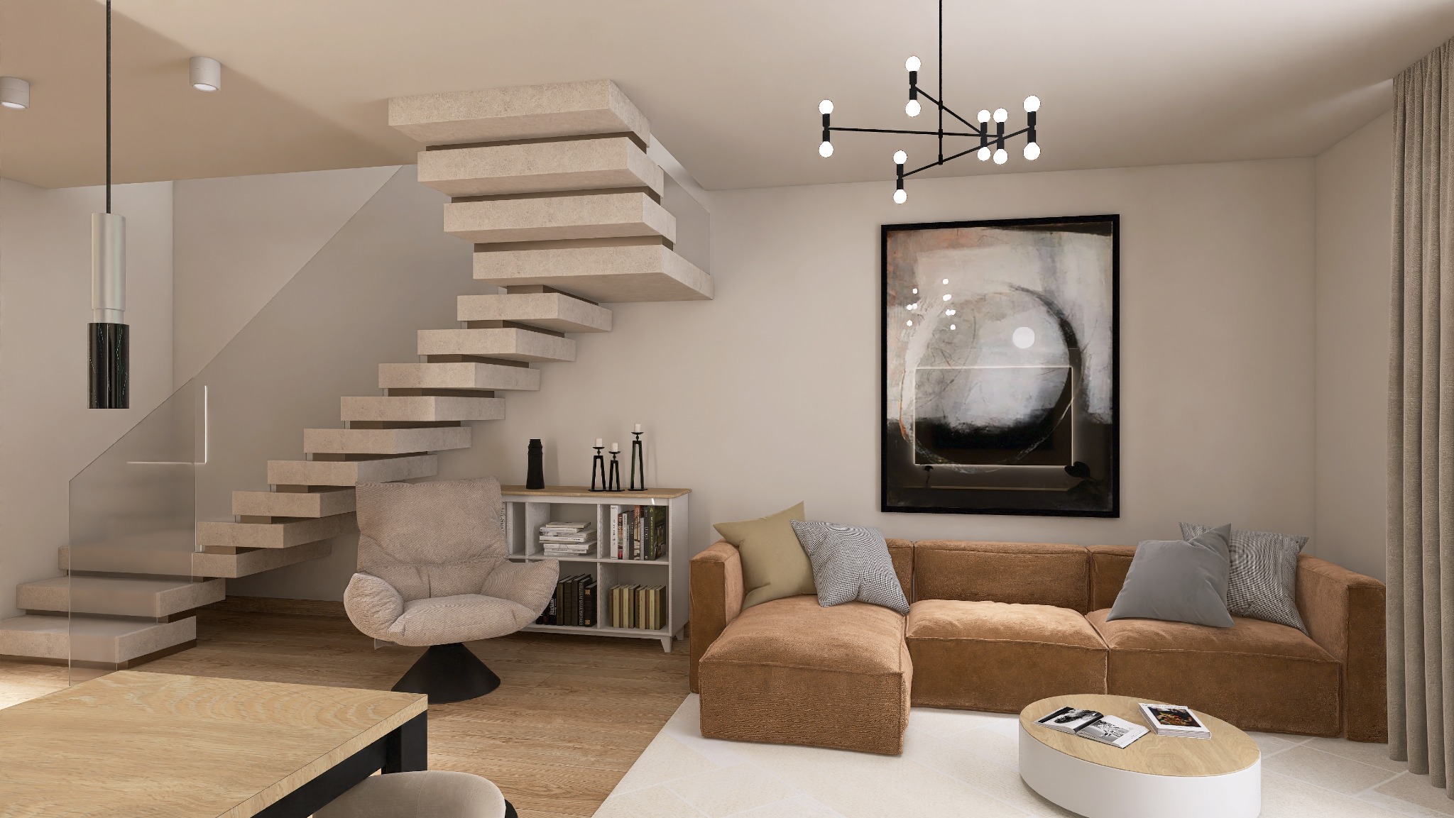 Nowoczesny salon z betonowymi schodami, brązową sofą i abstrakcyjnym obrazem. Minimalistyczny design z wiszącą lampą i jasną kolorystyką.