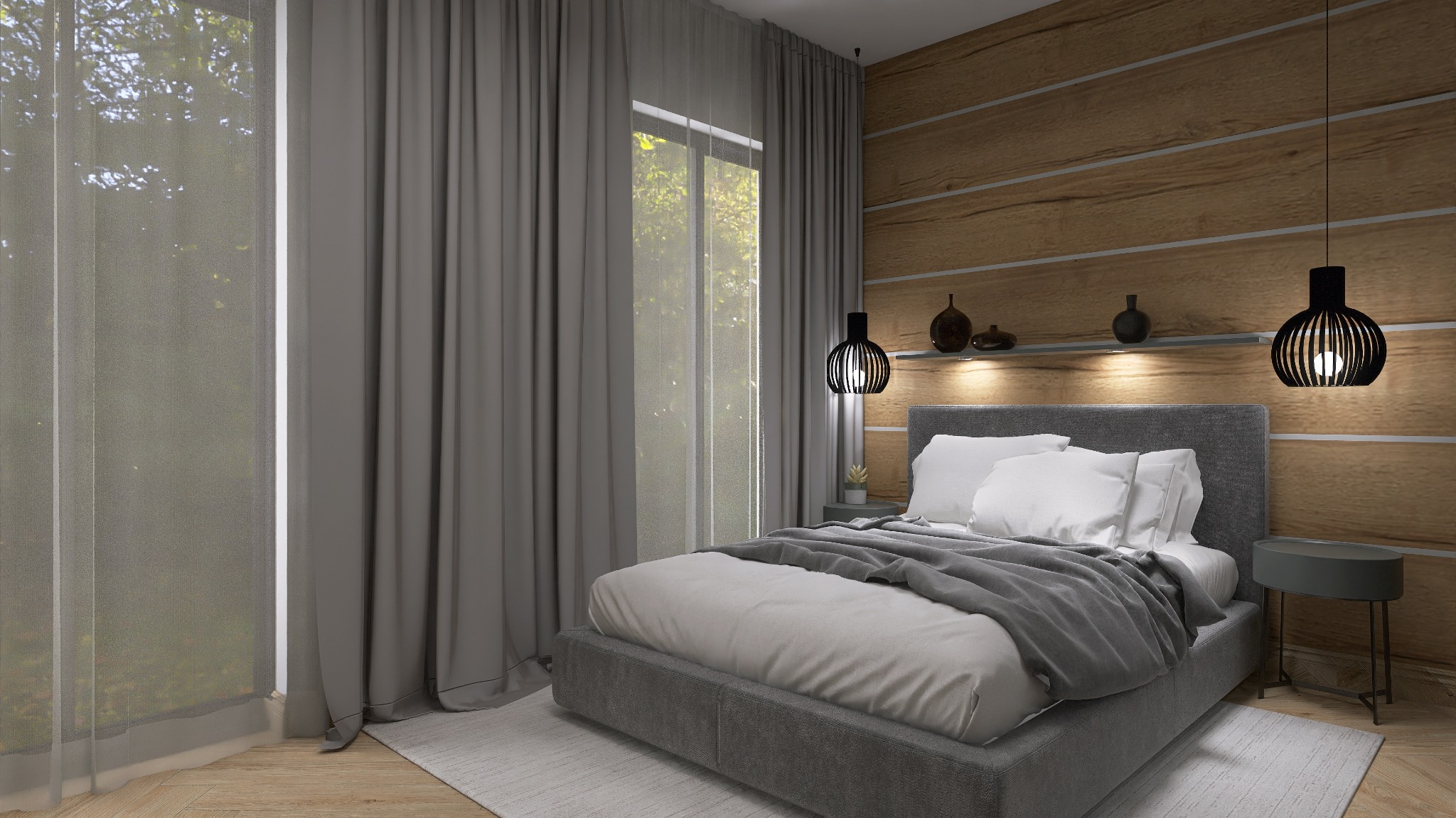 Nowoczesna sypialnia z drewnianą ścianą, szarym łóżkiem i lampami wiszącymi. Stonowana kolorystyka, minimalistyczny design, duże okno z zasłonami. Przytulne wnętrze.