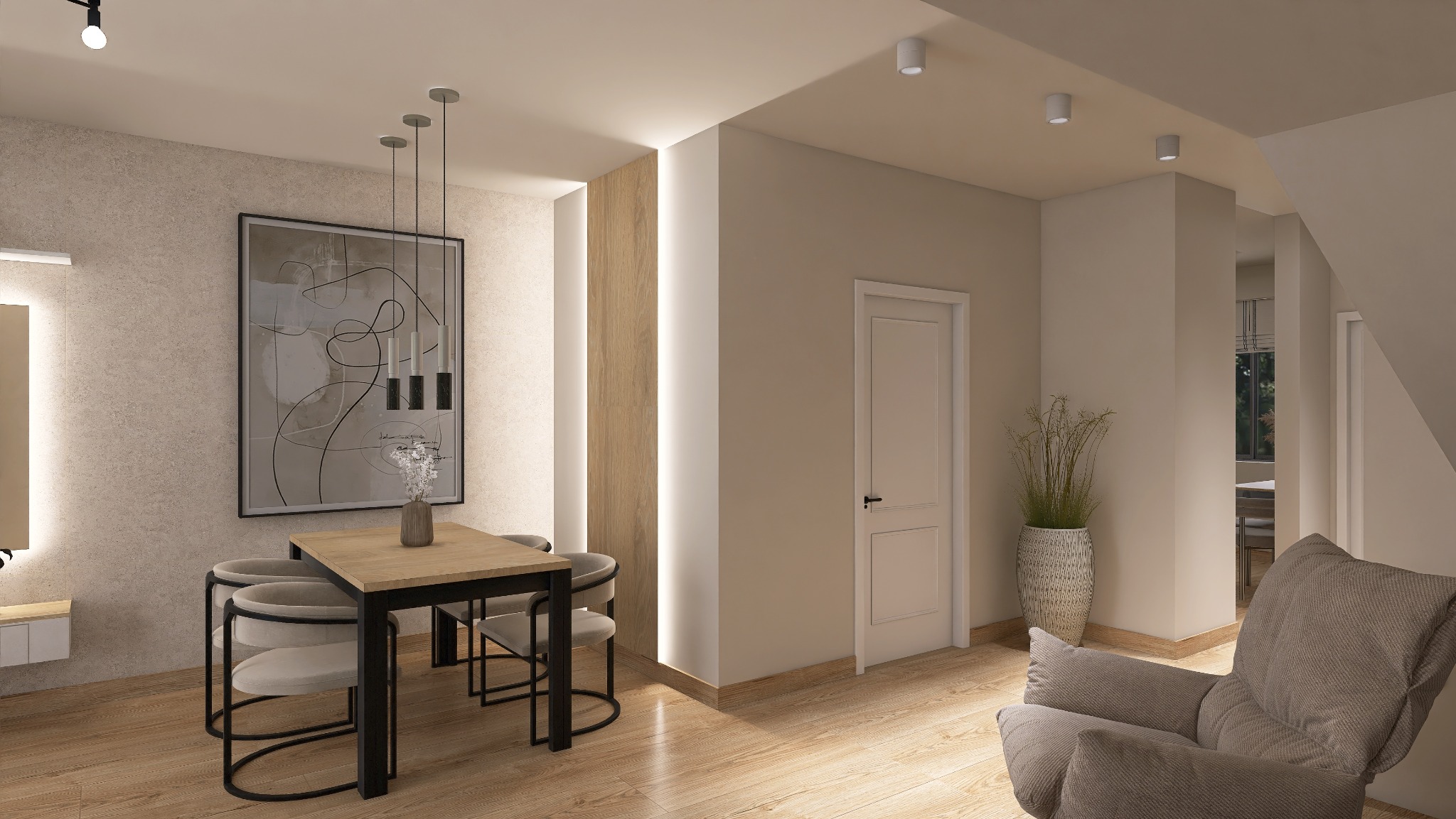 Jasne wnętrze z drewnianą podłogą. Stół z krzesłami, abstrakcyjny obraz na ścianie, dekoracyjna ściana z oświetleniem LED i fotel w tle. Nowoczesny design.