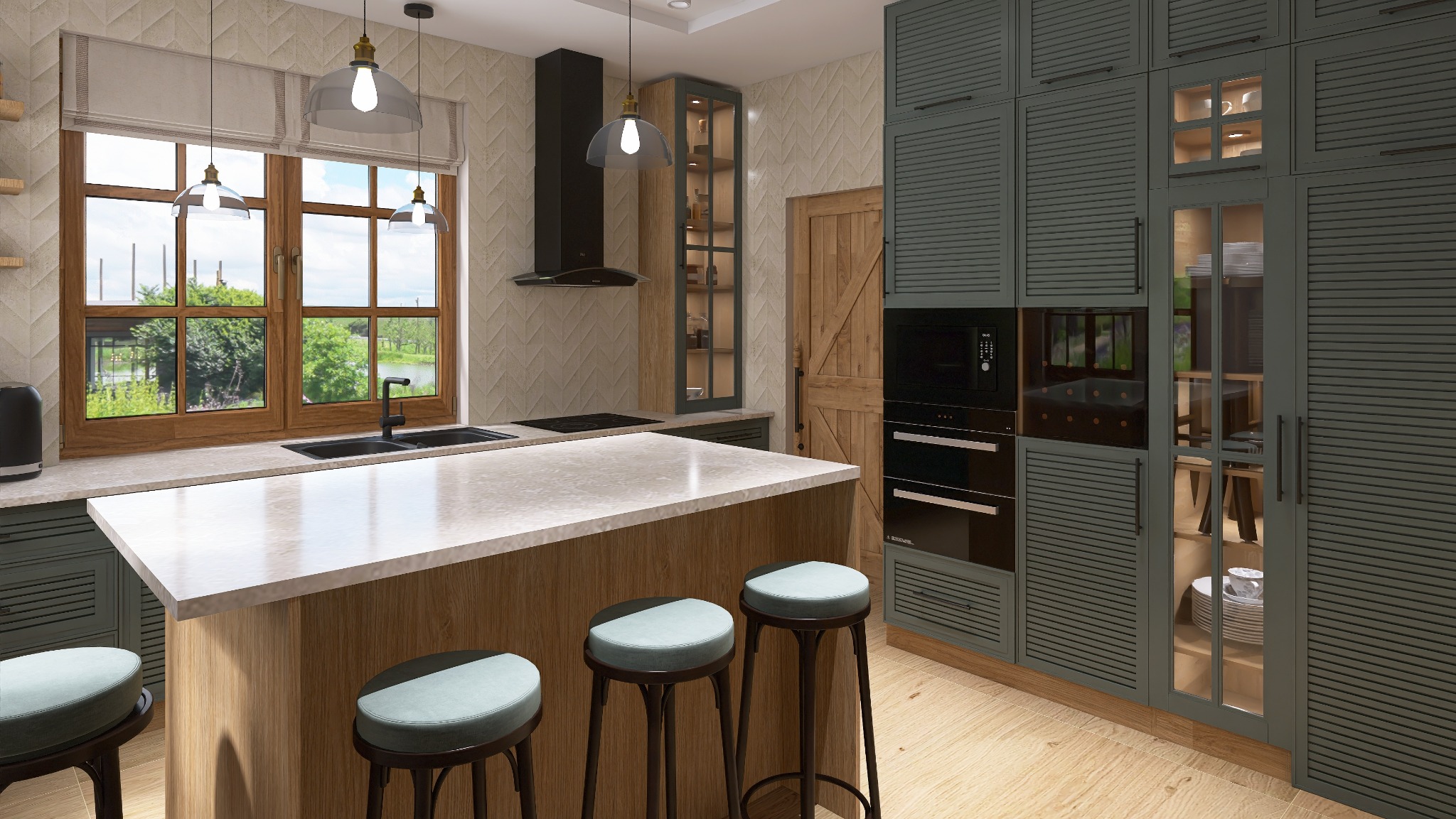 Nowoczesna kuchnia z wyspą i hokerami, okno z widokiem na zieleń. Szare szafki z lamelami, drewniane akcenty i czarny okap. Oświetlenie punktowe.