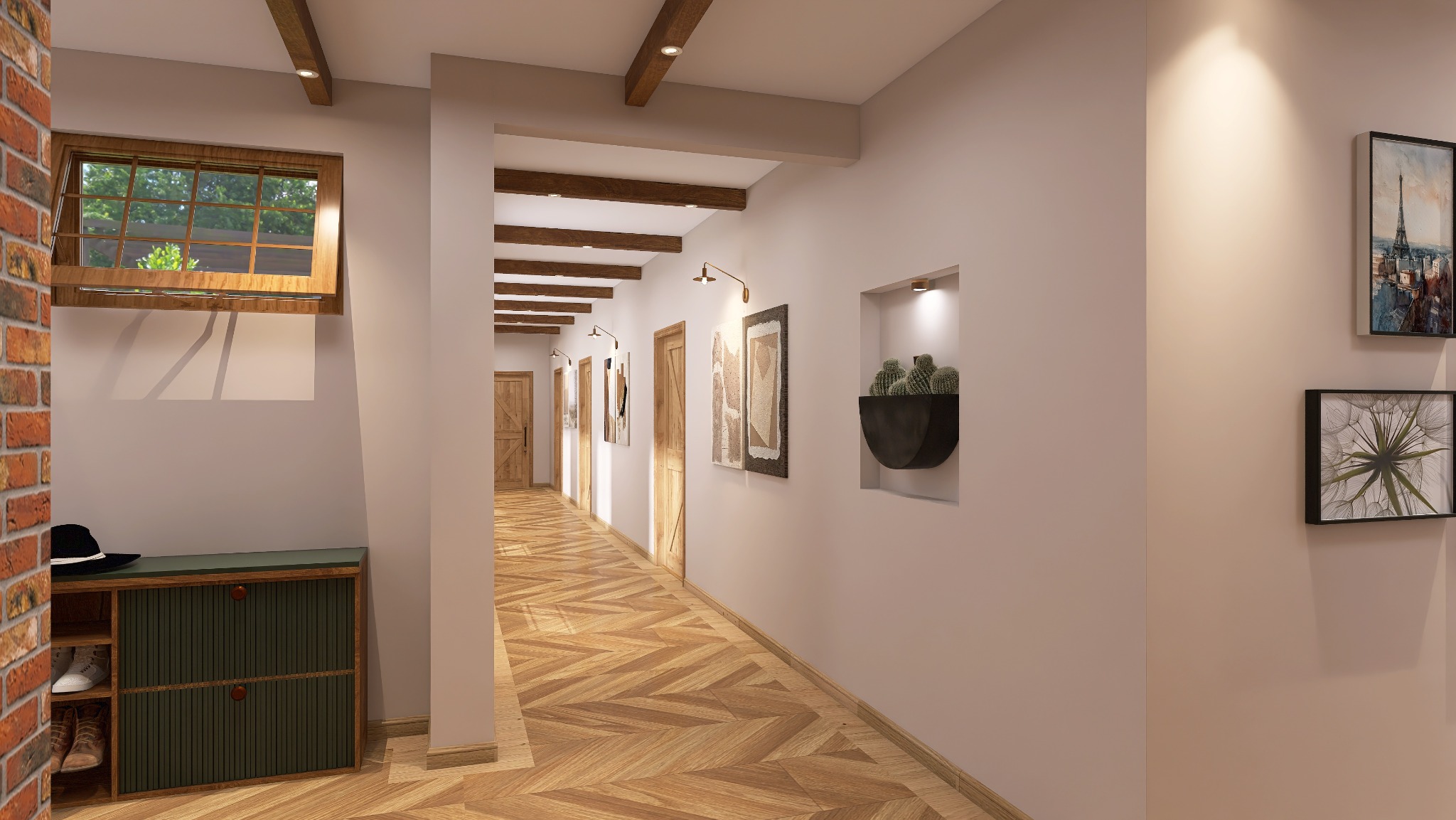 Korytarz w stylu rustykalnym z drewnianą podłogą w jodełkę, belkami stropowymi i dekoracjami ściennymi. Widoczna szafka na buty i okno z widokiem na zieleń.