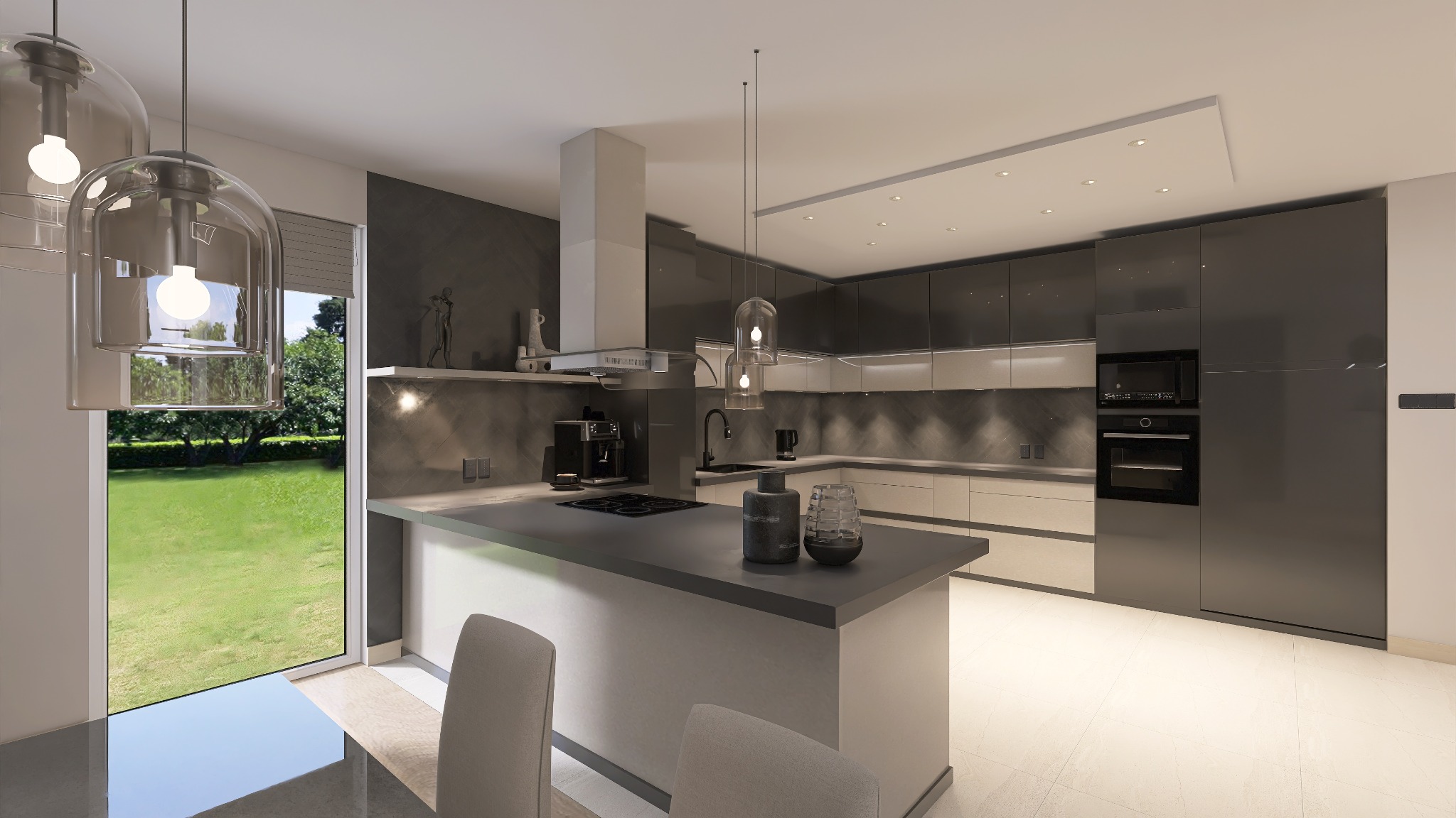 Nowoczesna kuchnia w szarościach z wyspą i dużym oknem na ogród. Minimalistyczne lampy wiszące nad blatem. Eleganckie wykończenie i oświetlenie.