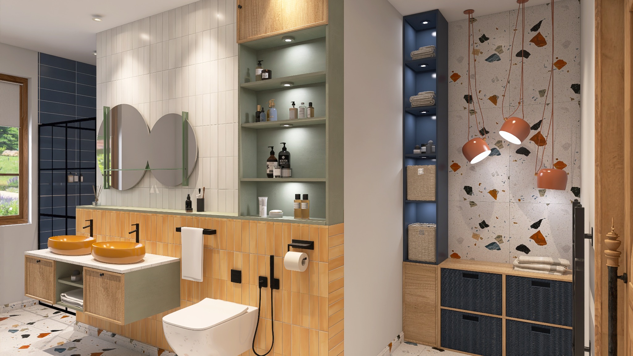 Nowoczesna aranżacja łazienki z dwoma umywalkami w kolorze musztardowym, oryginalnym lustrem i oświetleniem. Widoczne półki z kosmetykami i dekoracyjne płytki.