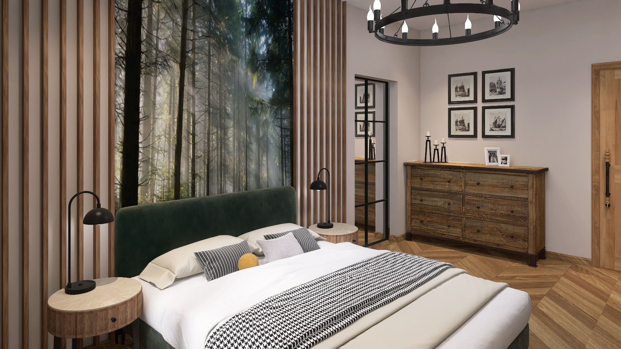 Sypialnia z łóżkiem, drewnianą komodą i fototapetą leśną. Czarno-biała narzuta w pepitkę, lampki nocne i okrągły żyrandol. Naturalne materiały i stonowana kolorystyka.