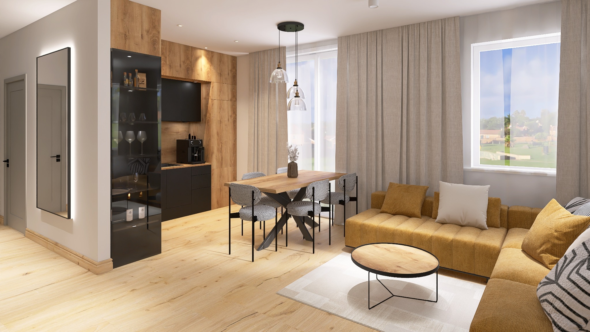 Jasne wnętrze z drewnianą podłogą. Stół z krzesłami, sofa w odcieniach żółci, czarna witryna z oświetleniem LED i dekoracje tworzą przytulną aranżację.