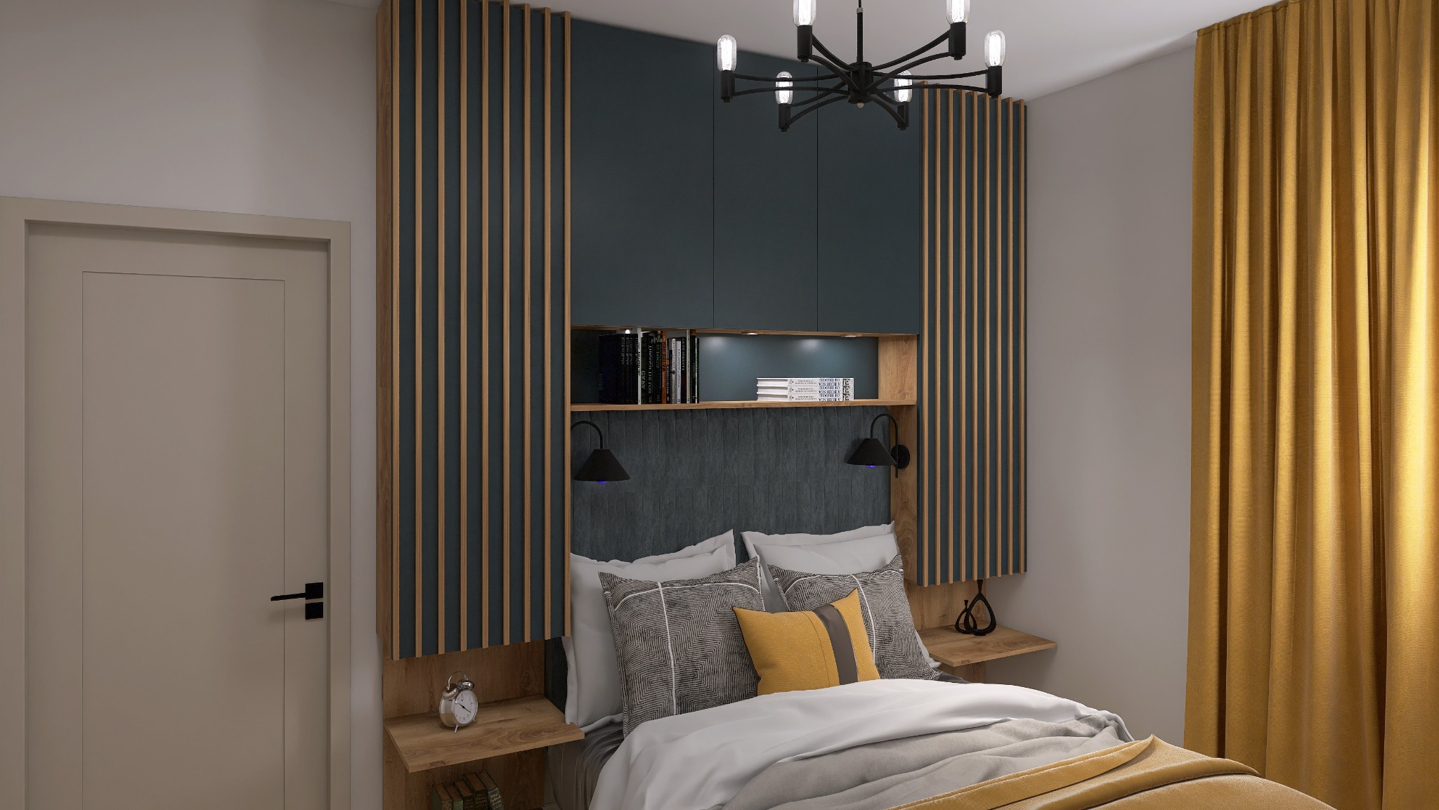 Nowoczesna sypialnia z łóżkiem, szafkami nocnymi i oświetleniem. Ciemne szafki nad łóżkiem z drewnianymi akcentami. Złote zasłony dodają ciepła wnętrzu.