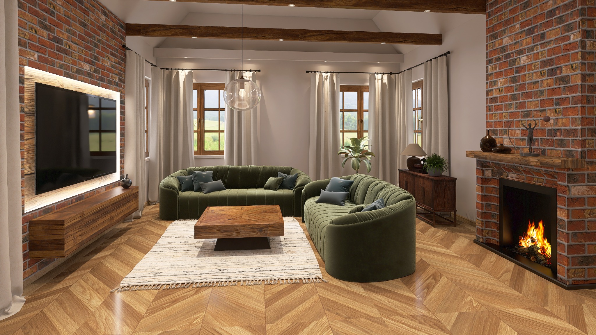 Salon w stylu rustykalnym z ceglaną ścianą, kominkiem, drewnianymi belkami i zielonymi sofami. Ciepłe oświetlenie podkreśla przytulny charakter wnętrza.