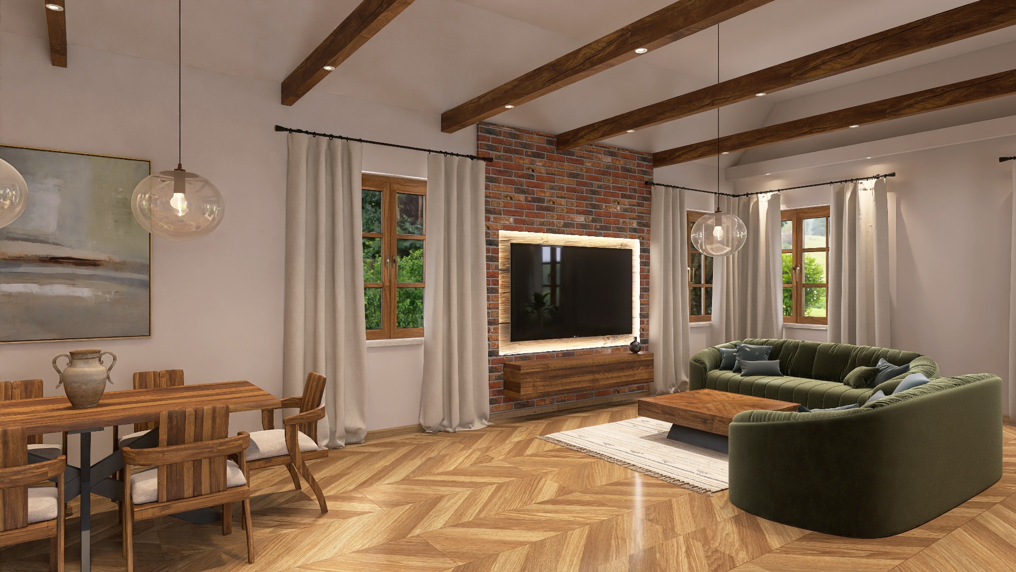 Salon z drewnianym stołem, zieloną sofą i telewizorem na ceglanej ścianie. Parkiet w jodełkę, drewniane belki na suficie i okna z białymi zasłonami.