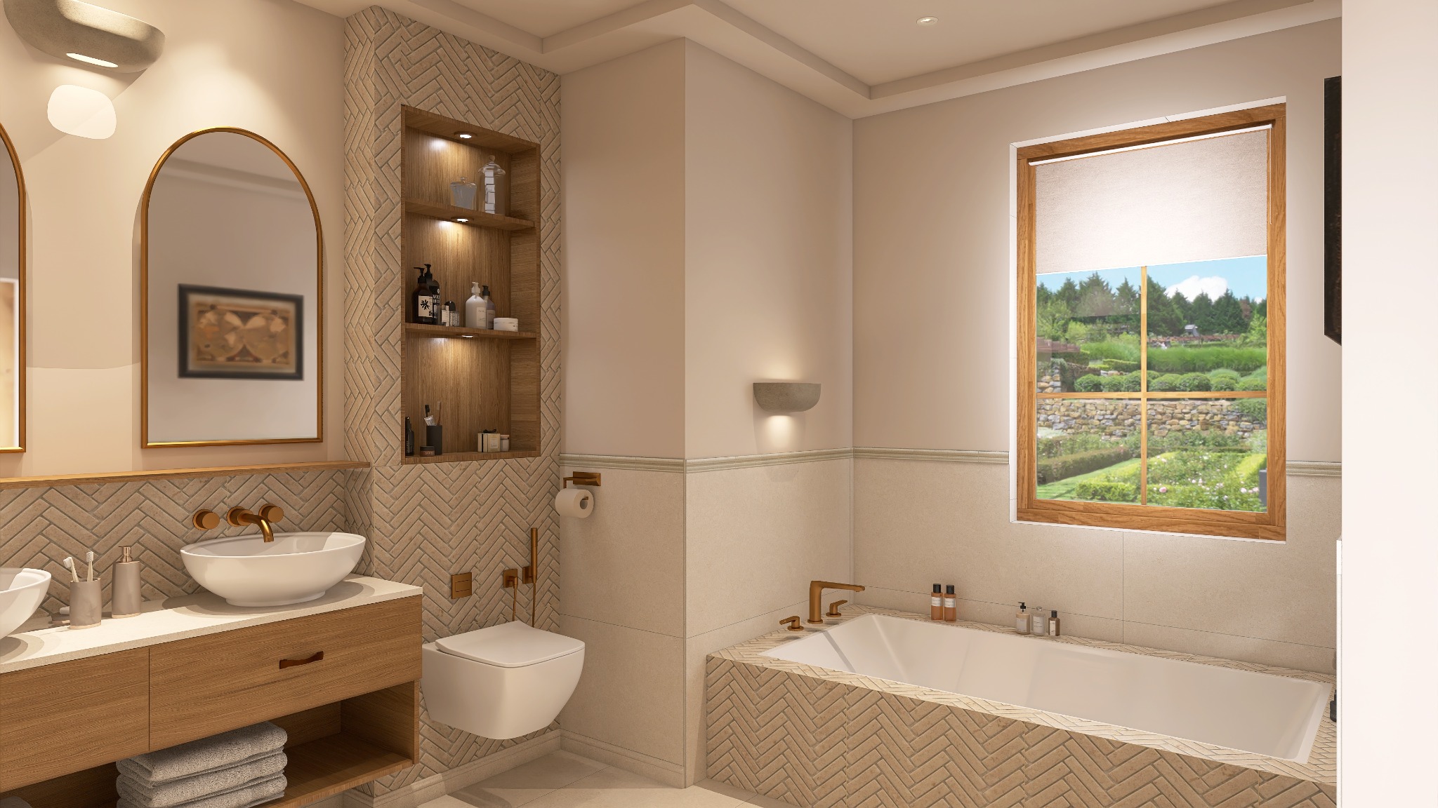 Jasna łazienka z umywalką nablatową, toaletą i wanną obudowaną płytkami w jodełkę. W tle okno z widokiem na ogród i półka wnękowa z oświetleniem.