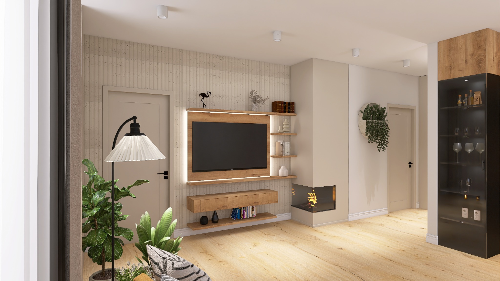 Jasne wnętrze salonu z drewnianą podłogą. Na ścianie telewizor w drewnianej obudowie z półkami, obok kominek. Minimalistyczny design z roślinami i dekoracjami.