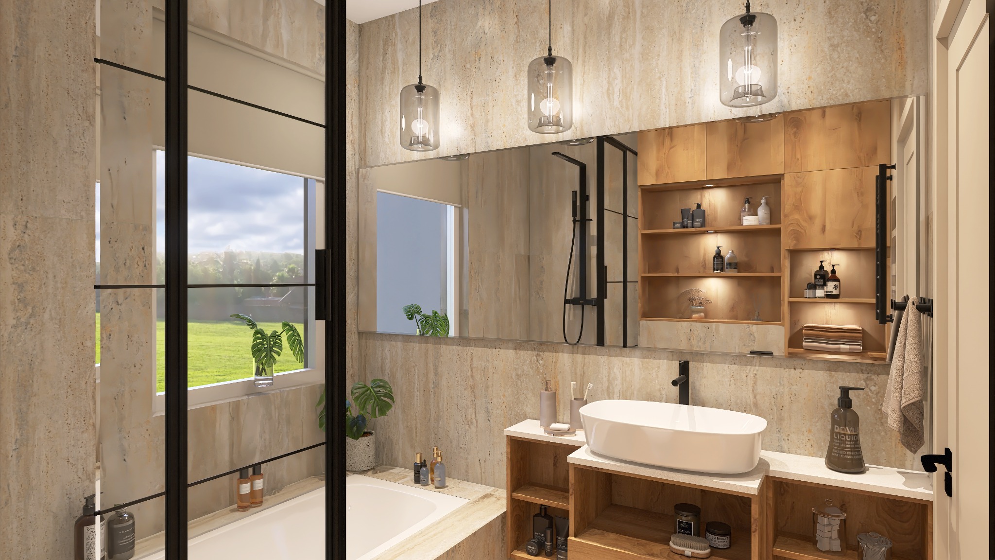 Nowoczesna łazienka z beżowymi płytkami, owalną umywalką nablatową i czarną armaturą. Lustro odbija kabinę prysznicową i okno z widokiem na zieleń.