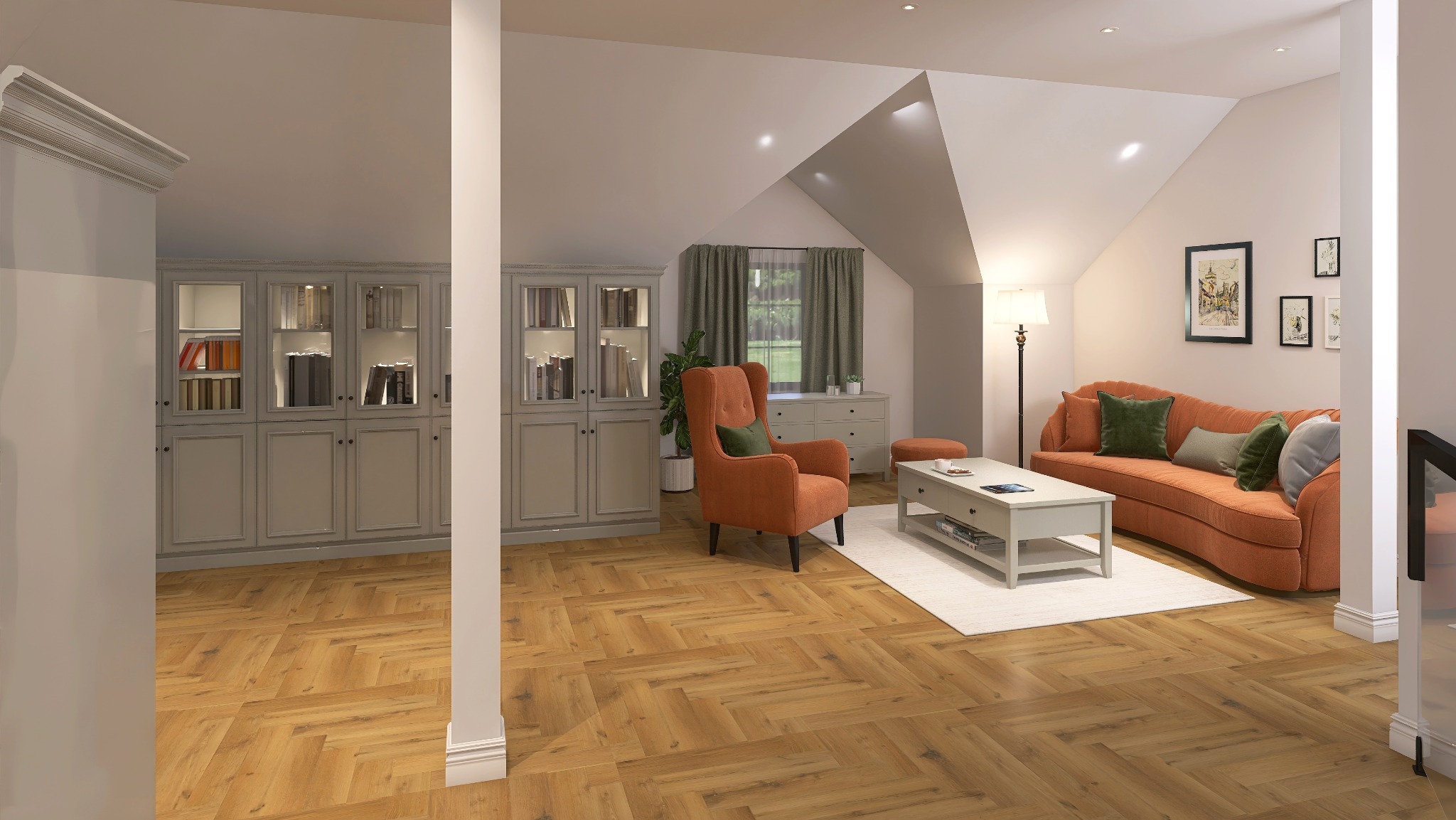 Jasne wnętrze poddasza ze skośnym sufitem. Pomarańczowa sofa i fotel, drewniana podłoga w jodełkę, biały dywan i regał z przeszkleniami. Przytulna aranżacja.