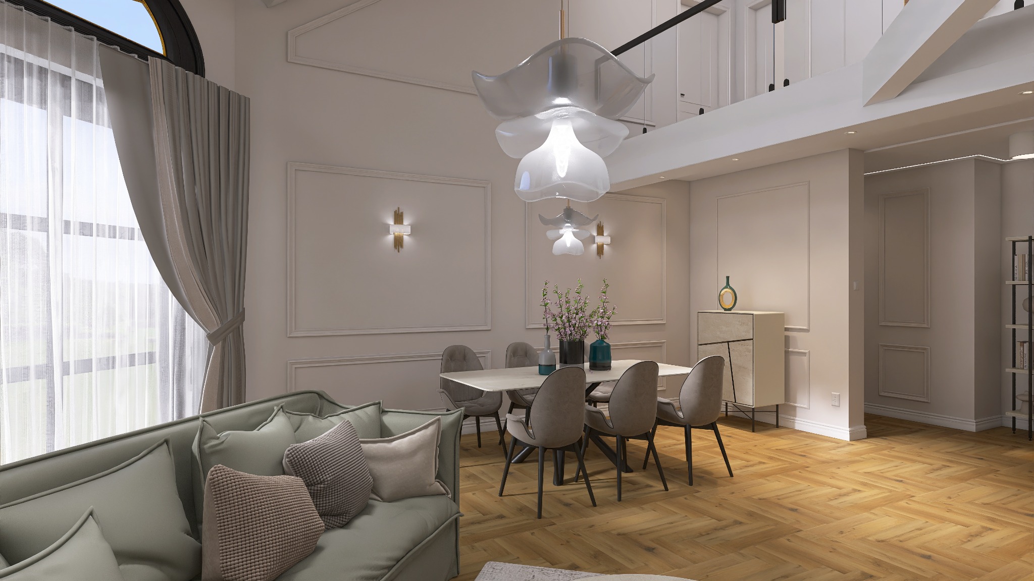 Eleganckie wnętrze z sofą w odcieniach zieleni, stołem jadalnym i designerską lampą. Parkiet w jodełkę, duże okno z zasłonami i subtelne oświetlenie ścienne.