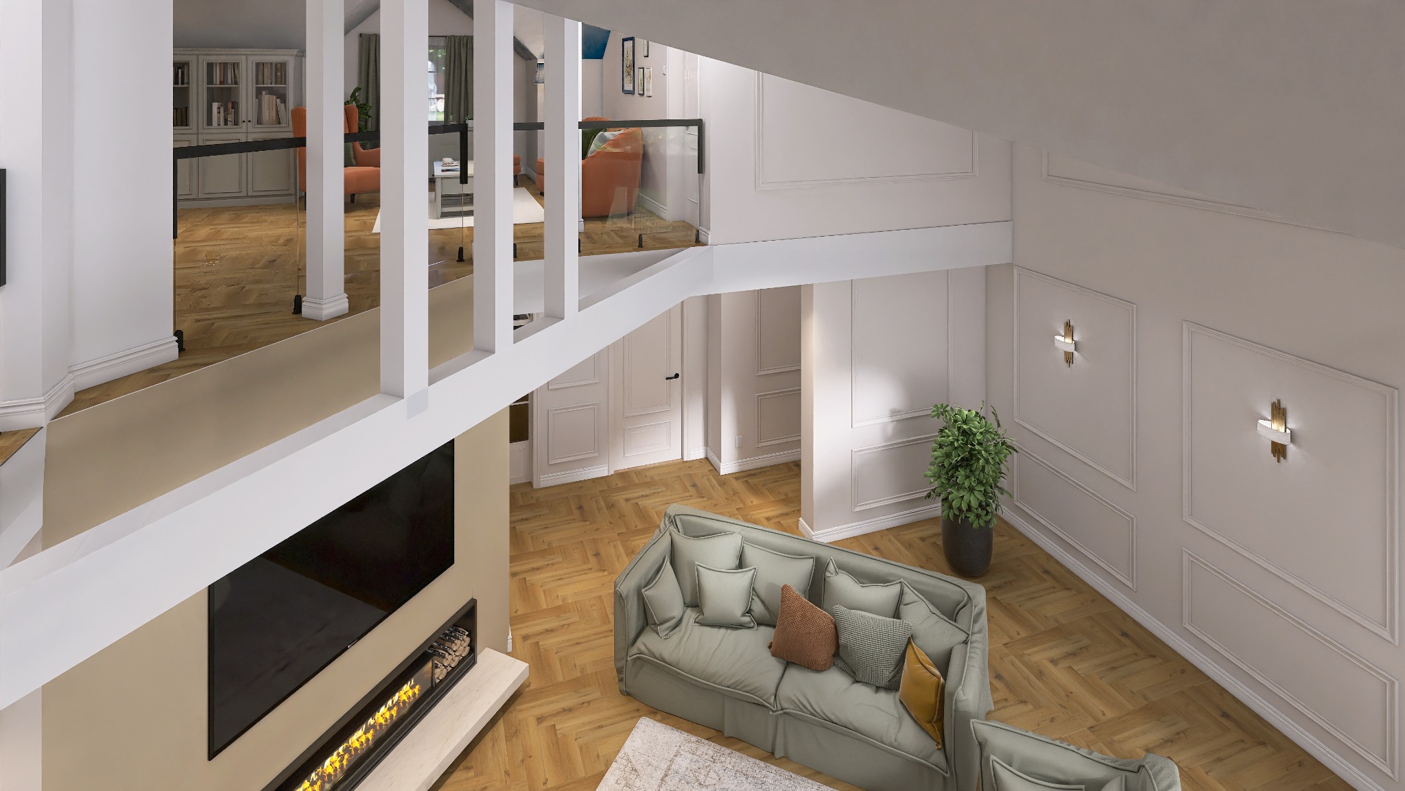 Dwupoziomowy salon z parkietem w jodełkę, szarą sofą i kominkiem pod telewizorem, widziany z góry. Białe ściany z dekoracyjnymi listwami i nowoczesne oświetlenie.