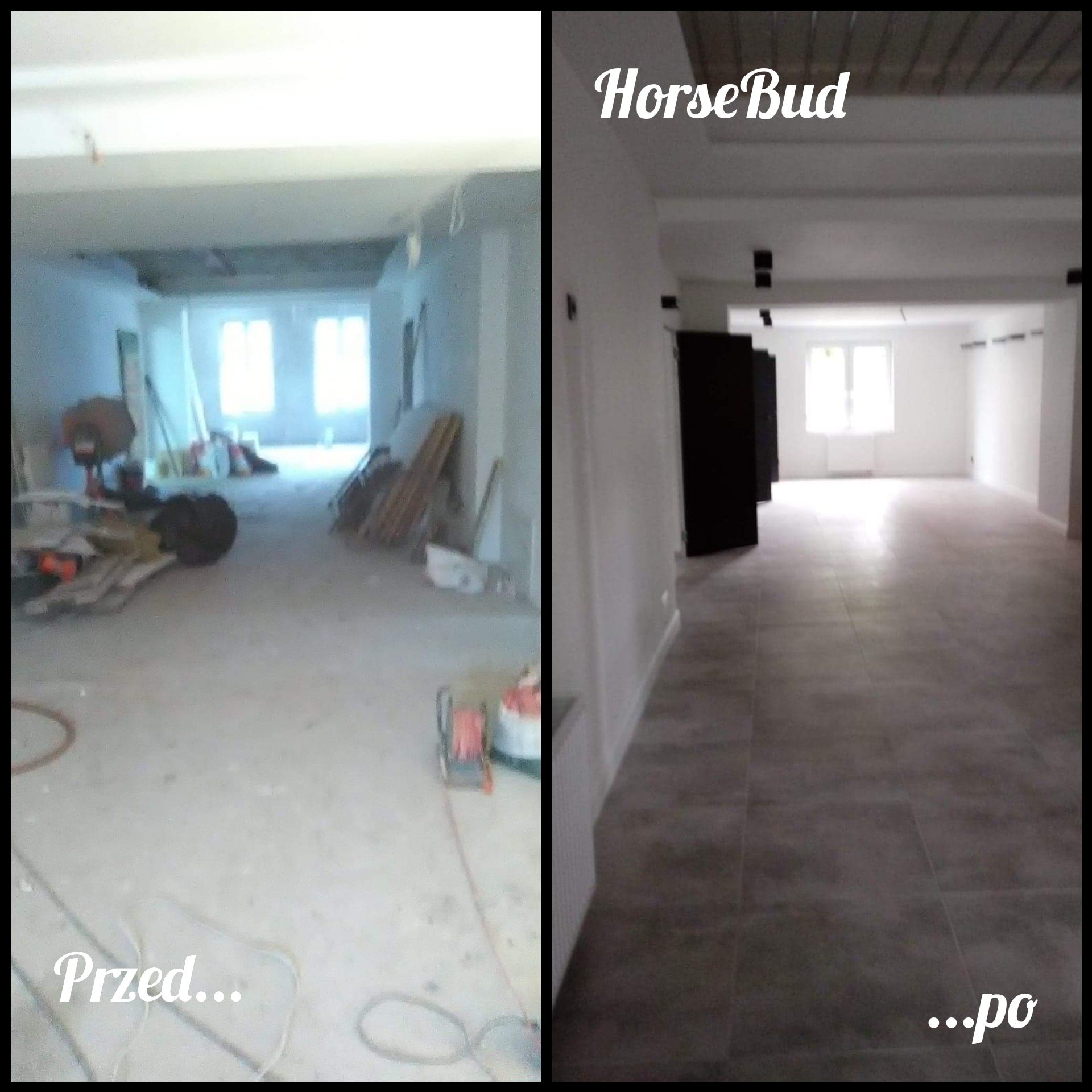 Porównanie stanu surowego i wykończonego wnętrza: po lewej pomieszczenie w trakcie prac, z widocznymi materiałami budowlanymi i narzędziami, po prawej odnowione wnętrze z nową podłogą i świeżo...