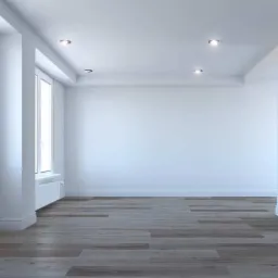 Pusty, jasny pokój po remoncie z panelami podłogowymi w odcieniach szarości, białymi ścianami, oknami i grzejnikami, oraz wbudowanym oświetleniem sufitowym.