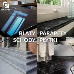 Kompozycja czterech zdjęć: czarny blat kuchenny z wbudowanym zlewem, marmurowy parapet okienny z dekoracjami, granitowe schody zewnętrzne z kolumnami i czarne płytki podłogowe w łazience.