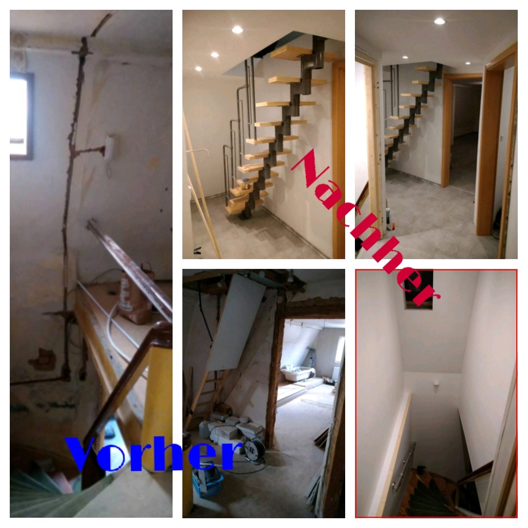 Kolaż zdjęć z Zabrza przedstawiający etap remontu schodów: stan przed i po, z widocznymi zmianami w konstrukcji i wykończeniu wnętrza.