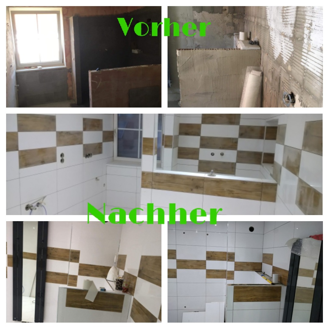 Fotografia kolażowa przedstawiająca remont łazienki przed i po, z widocznymi zmianami w ułożeniu białych i imitujących drewno płytek, nową armaturą i wykończeniem.