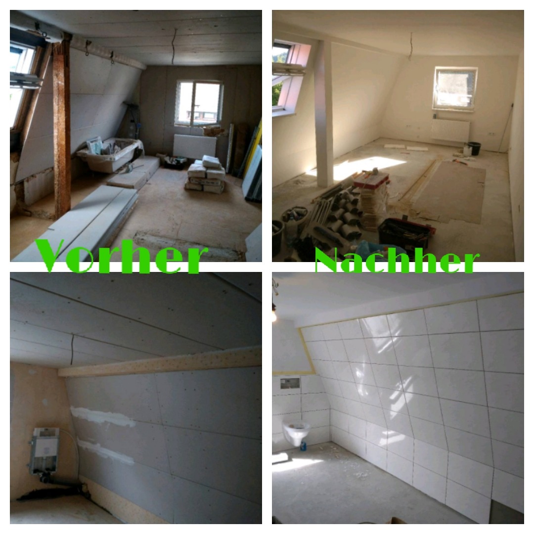 Kolaż czterech zdjęć przedstawiających remont poddasza: stan przed i po. Na górze po lewej: surowe poddasze z oknem dachowym, materiałami budowlanymi i stertą worków. Na górze po prawej: wykończone...