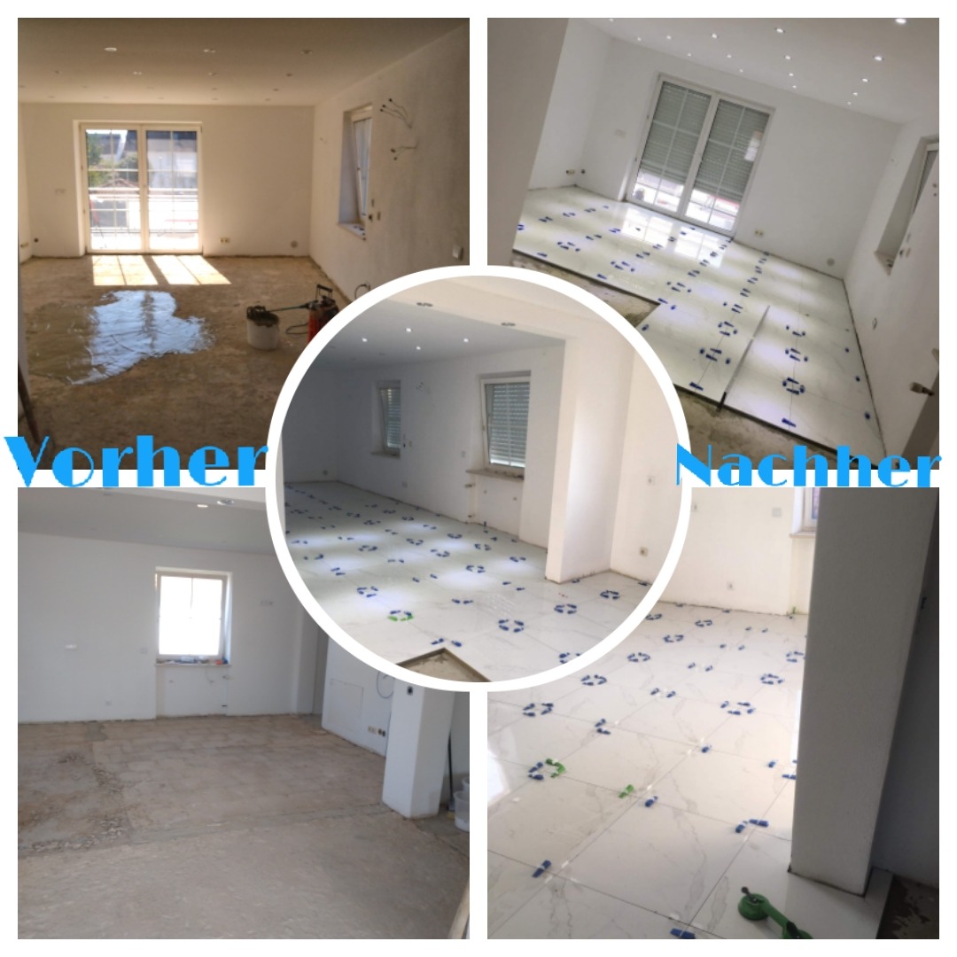 Kompozycja zdjęcia 'przed' i 'po' remontu: po lewej surowy beton na podłodze w jasnym pokoju, po prawej białe płytki z niebieskim wzorem ułożone na podłodze, widoczne kliny poziomujące.