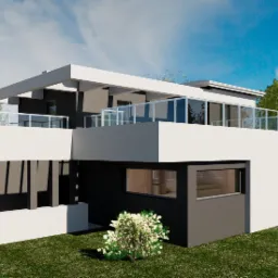 Wizualizacja nowoczesnego, dwukondygnacyjnego domu z płaskim dachem, białymi elementami konstrukcyjnymi i szarymi ścianami, otoczonego zielonym trawnikiem i drzewami, z przeszkloną balustradą...