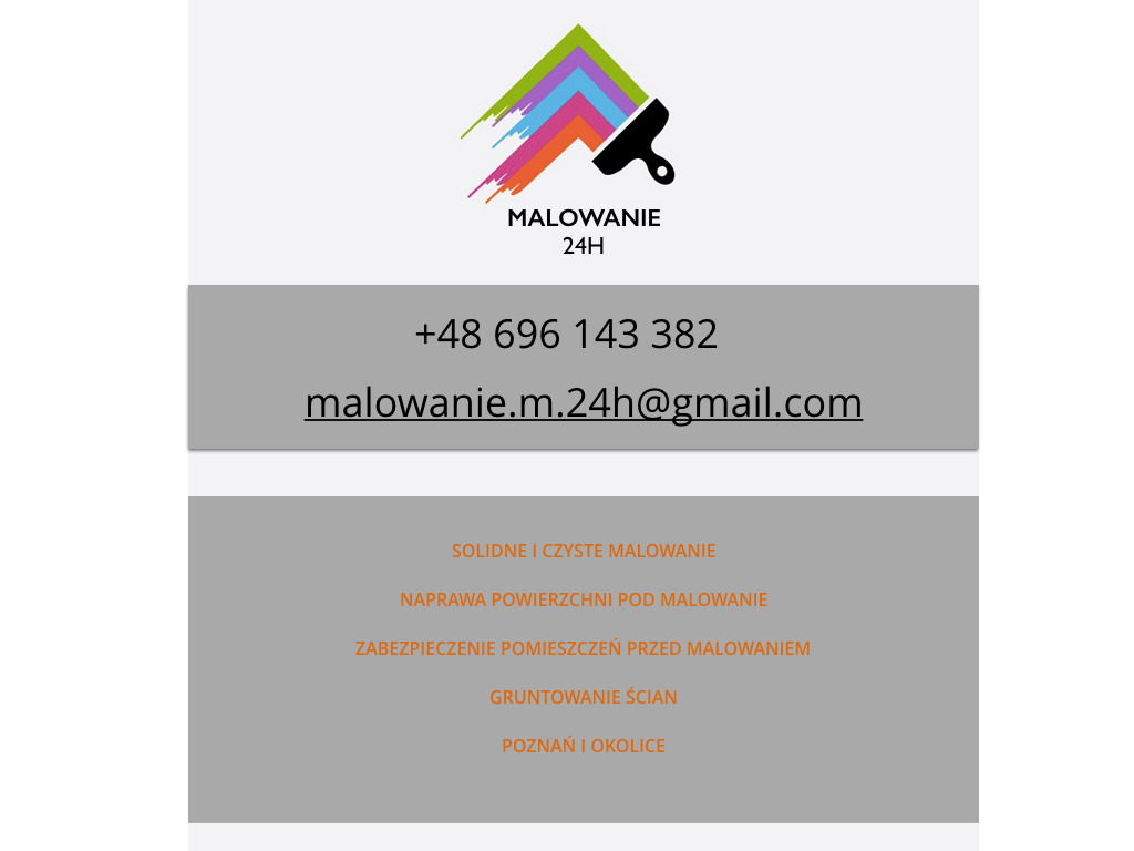 Logo firmy oferującej usługi malarskie: pędzel z kolorowymi smugami, kontakt telefoniczny, adres email oraz zakres usług i lokalizacja Poznań i okolice.