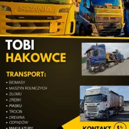 Żółta Scania i granatowy Volvo obok siebie, oraz przykładowe zdjęcia transportowanych ładunków i dane kontaktowe firmy.